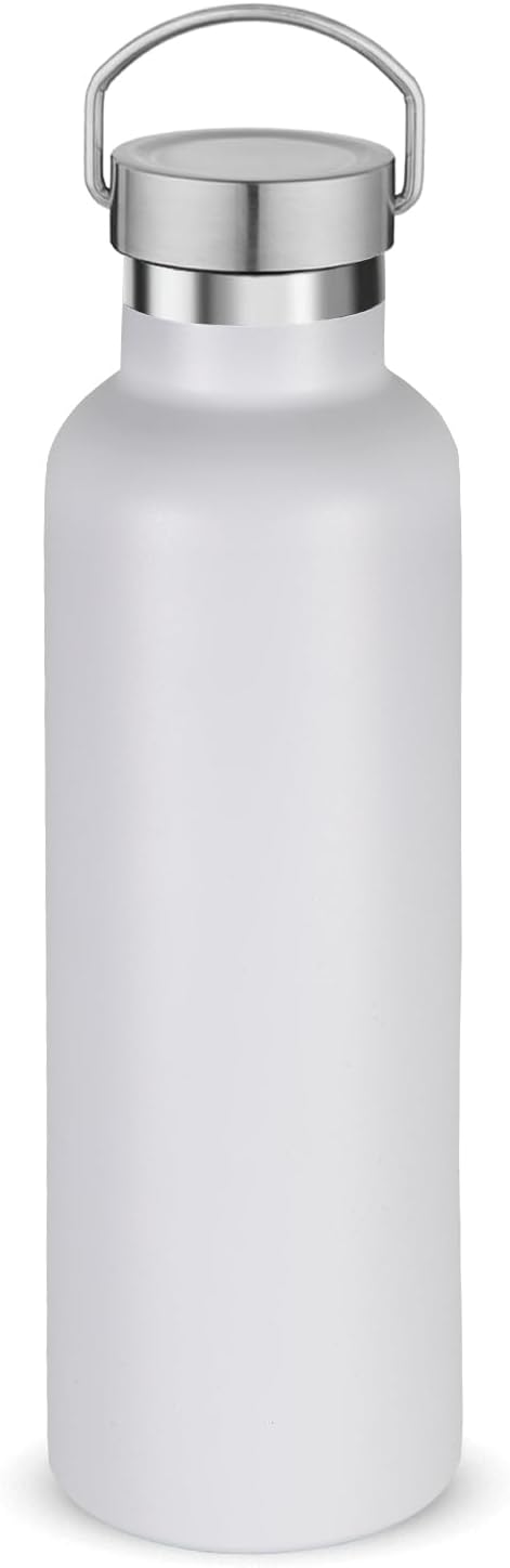 Volhoply 24oz Insulated Standard Mouth Water Bottle with Plastic & Stainless Steel Combination Lid, 304 18/8 Double Wall Vacuum Insulated Water Bottles, Reusable Metal Flask(White,1)