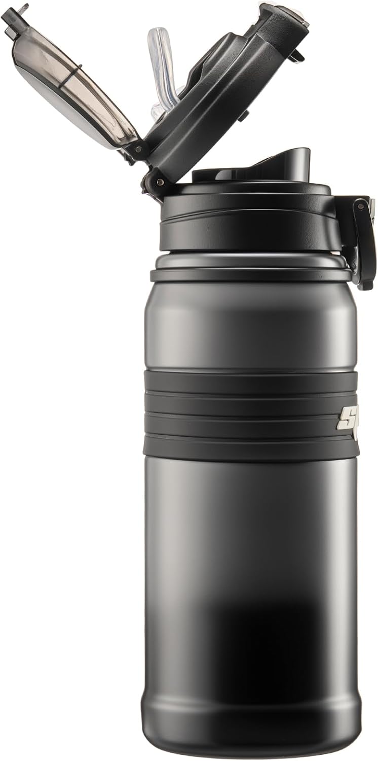 22 oz Insulated Water Bottle, Mens Water Bottle with 2-in-1 Lid, Travel Water Bottle, Black Water Bottle, Slim Water Bottle, Leak Proof Water Bottles, Car Cup Holder Friendly (Black)