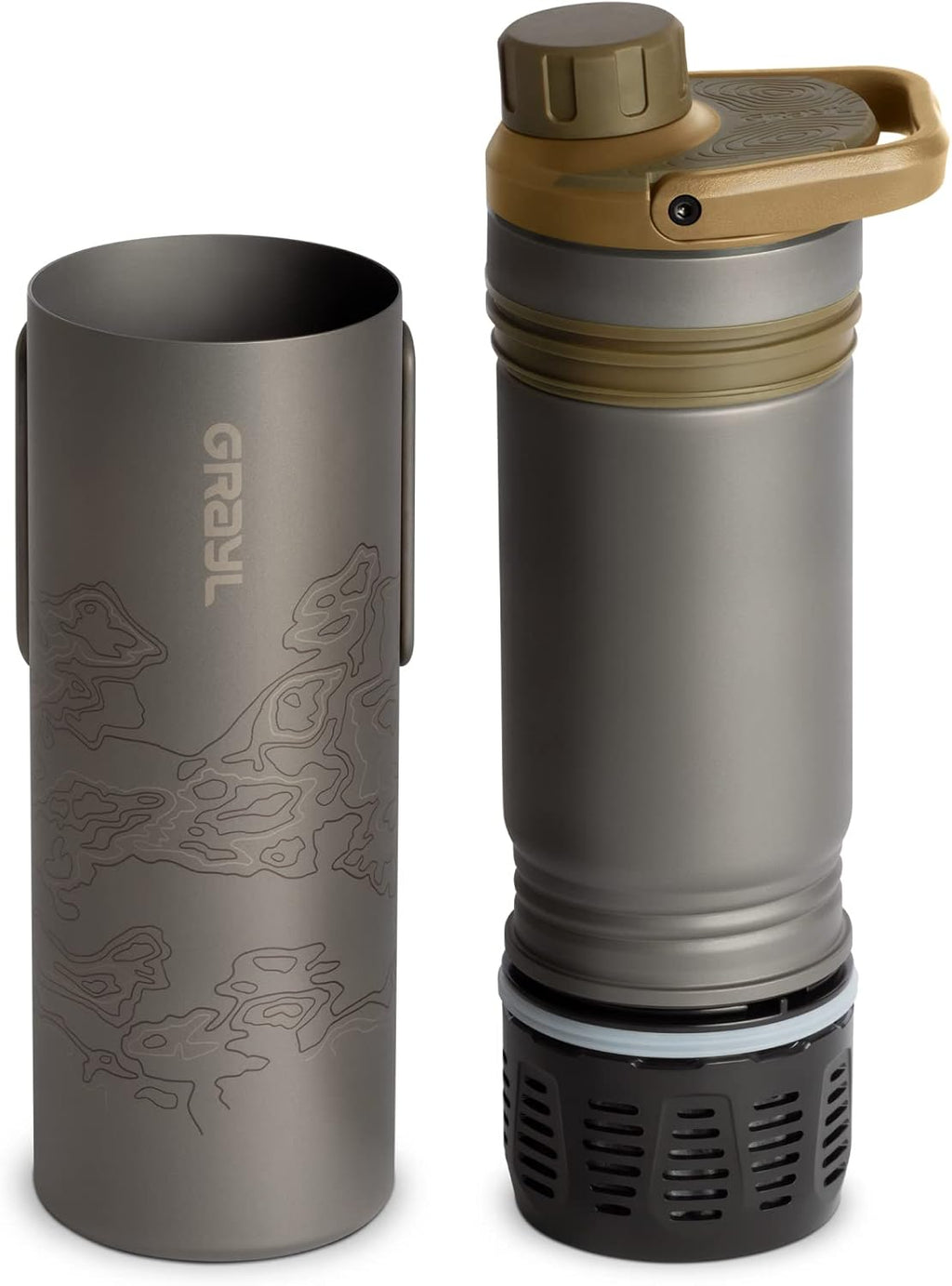 GRAYL UltraPress Titanium 16.9 oz Water Purifier & Filter Bottle for Hiking, Backpacking, Survival, Bushcraft, Travel (Coyote Brown)