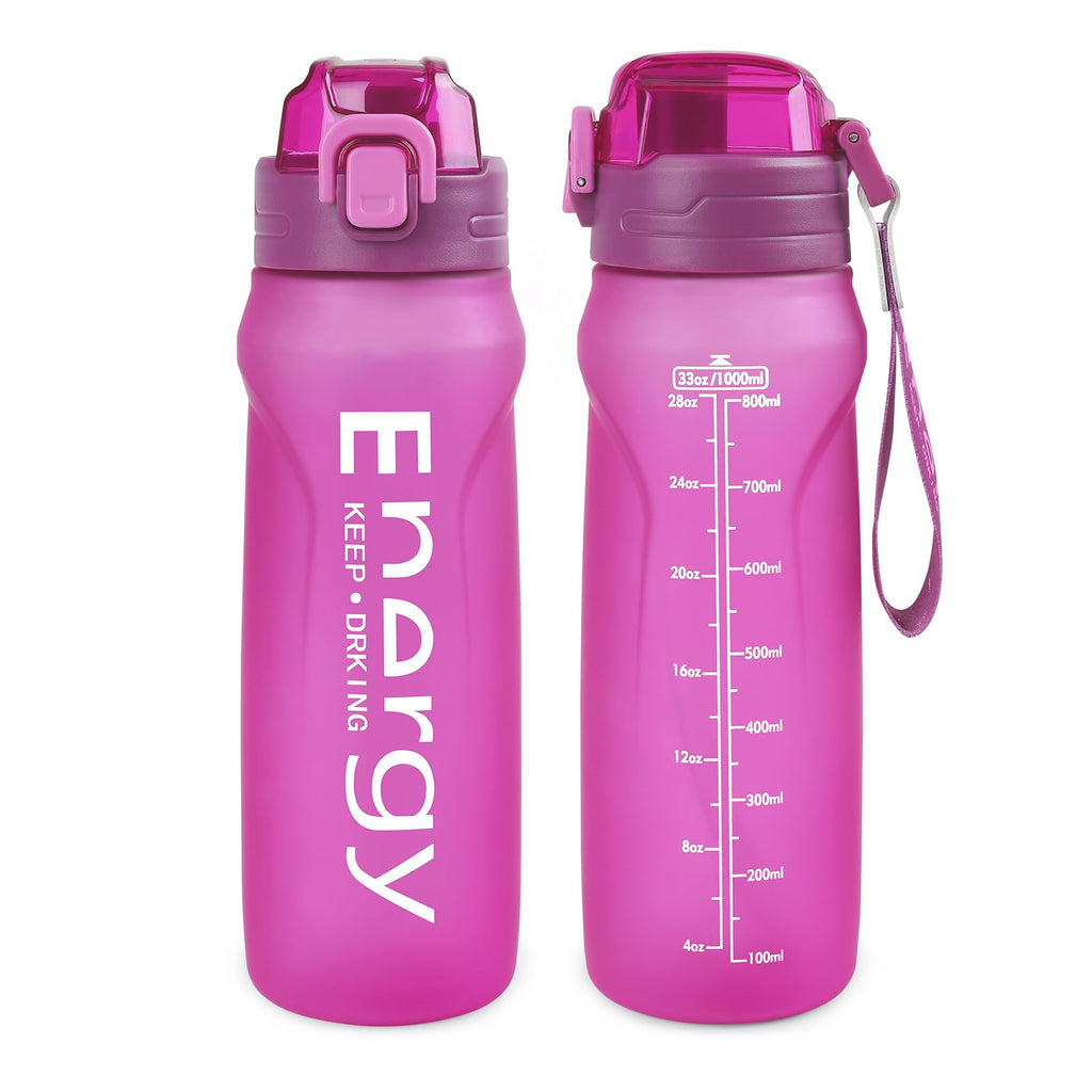 32oz Sports Water Bottle with Detachable Straw (Sip & Chug), Motivational Water Bottle with Capacity Marker, Leakproof Drinking Water Bottle with Strap for Travel Fitness Gym Outdoor (Black)