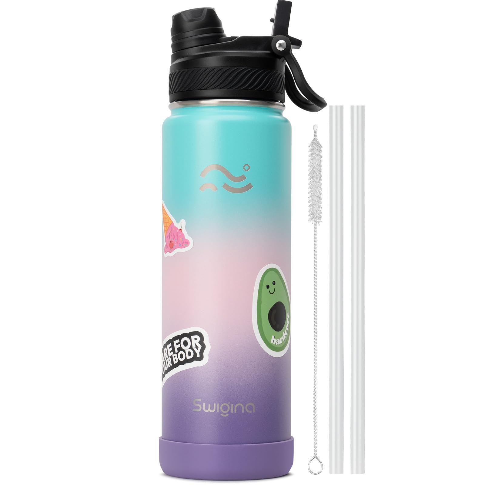 [2-IN-1 LID] Insulated Water Bottle with Silicone Boot (36hrs Cold/18hrs Hot) - DIY Stickers, Leakproof, BPA Free, 24 oz