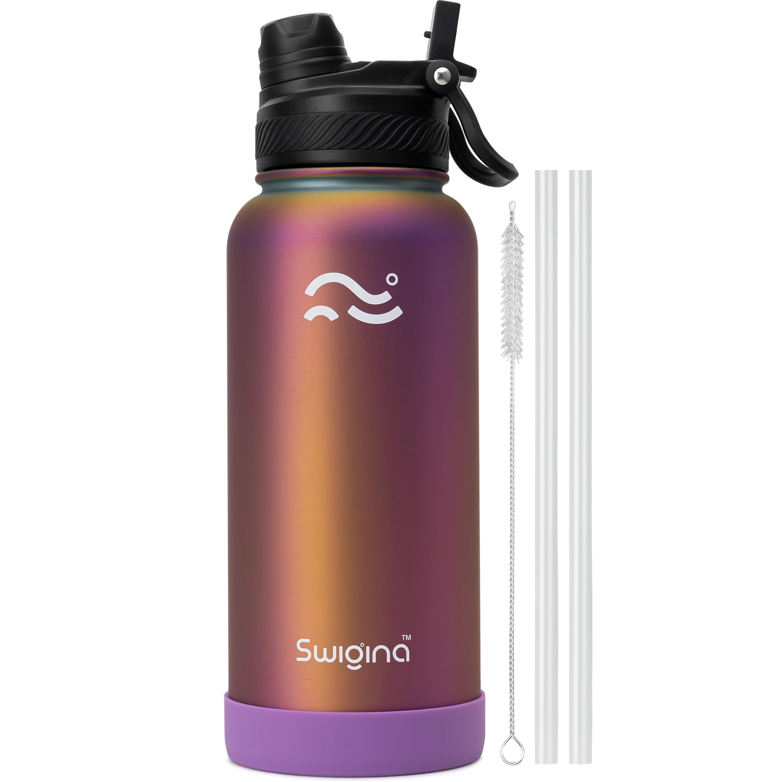 [2-IN-1 LID] Insulated Water Bottle with Silicone Boot (36hrs Cold/18hrs Hot) - DIY Stickers, Leakproof, BPA Free, 24 oz