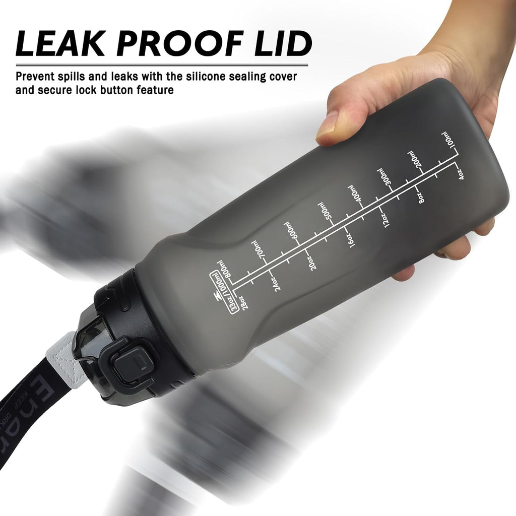 32oz Sports Water Bottle with Detachable Straw (Sip & Chug), Motivational Water Bottle with Capacity Marker, Leakproof Drinking Water Bottle with Strap for Travel Fitness Gym Outdoor (Black)