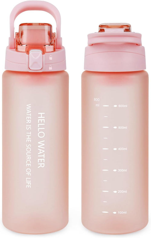 27oz Sports Water Bottle with Removable Filter, Motivational Water Bottle with Capacity Marker, Leakproof Drinking Water Bottle with Handle for Travel Fitness Gym Outdoor (Pink)