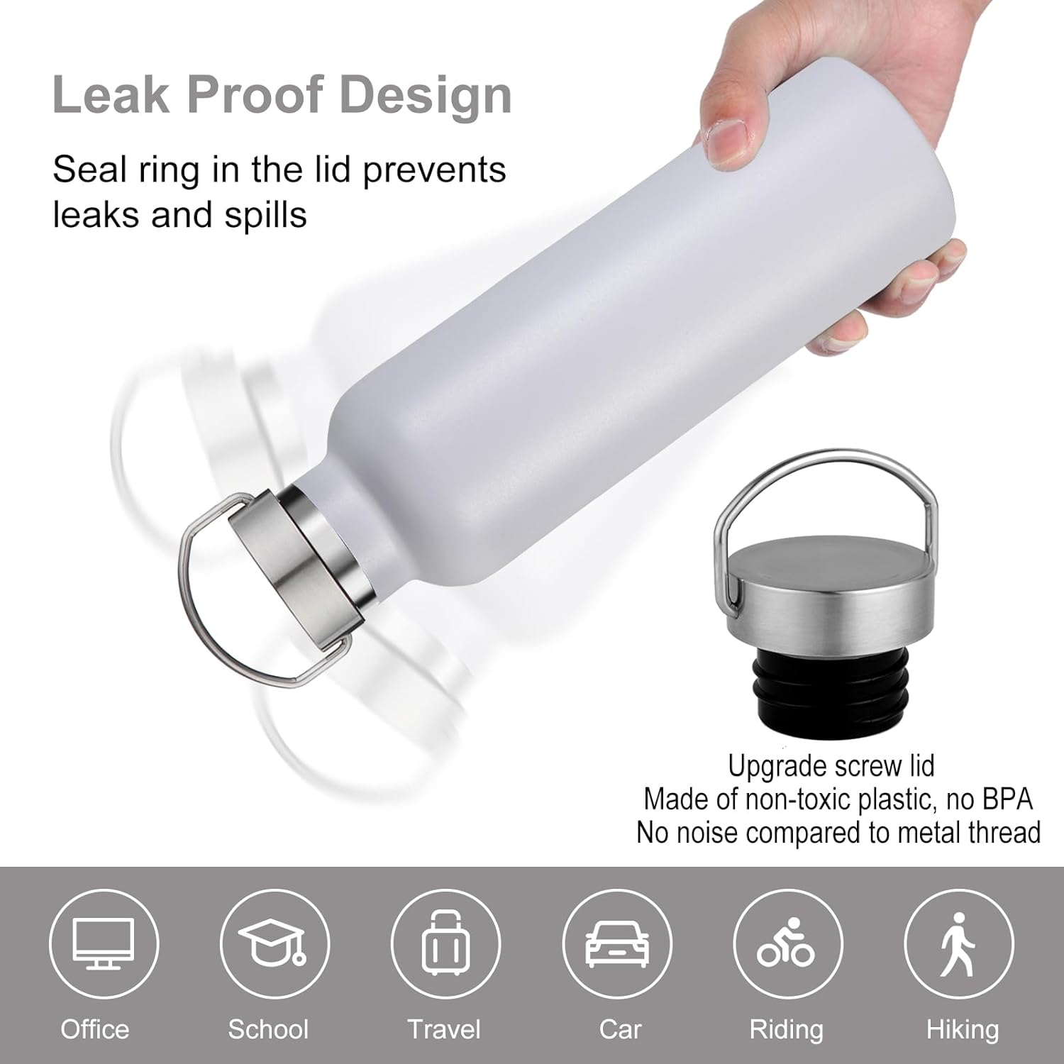 Volhoply 24oz Insulated Standard Mouth Water Bottle with Plastic & Stainless Steel Combination Lid, 304 18/8 Double Wall Vacuum Insulated Water Bottles, Reusable Metal Flask(White,1)