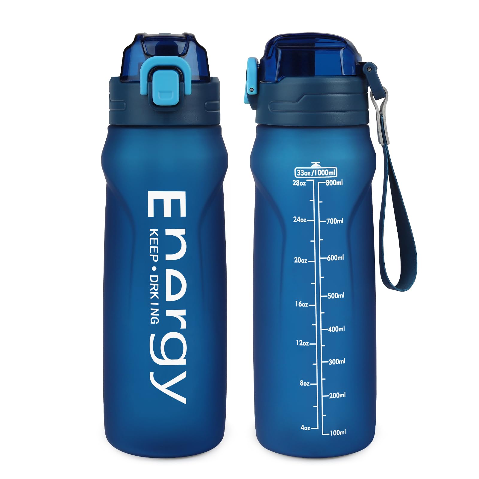 32oz Sports Water Bottle with Detachable Straw (Sip & Chug), Motivational Water Bottle with Capacity Marker, Leakproof Drinking Water Bottle with Strap for Travel Fitness Gym Outdoor (Black)