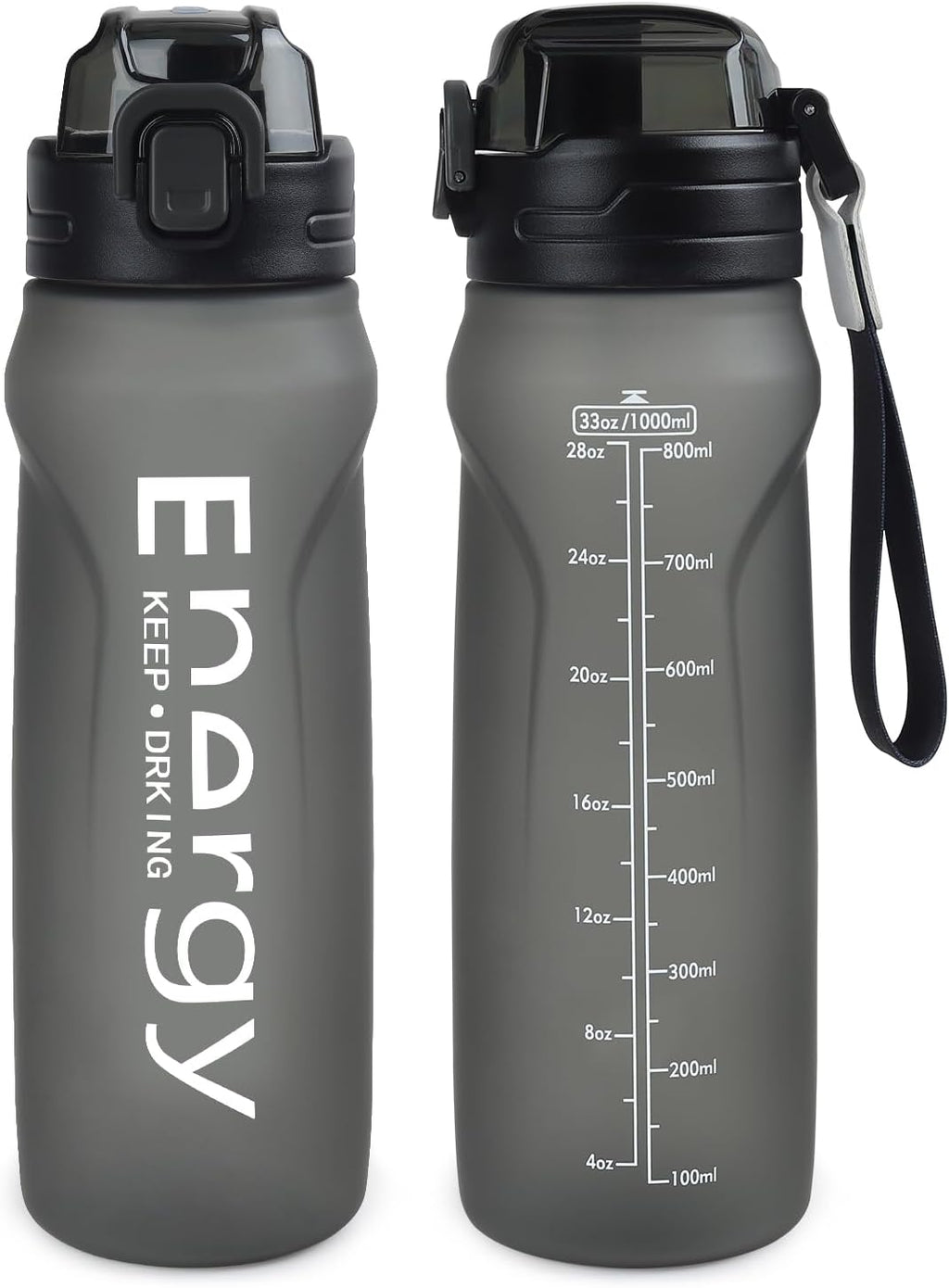 32oz Sports Water Bottle with Detachable Straw (Sip & Chug), Motivational Water Bottle with Capacity Marker, Leakproof Drinking Water Bottle with Strap for Travel Fitness Gym Outdoor (Black)