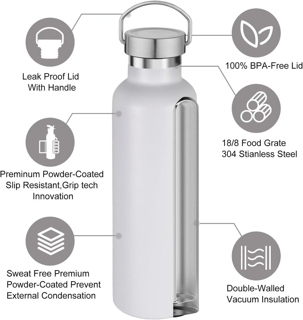 Volhoply 24oz Insulated Standard Mouth Water Bottle with Plastic & Stainless Steel Combination Lid, 304 18/8 Double Wall Vacuum Insulated Water Bottles, Reusable Metal Flask(White,1)