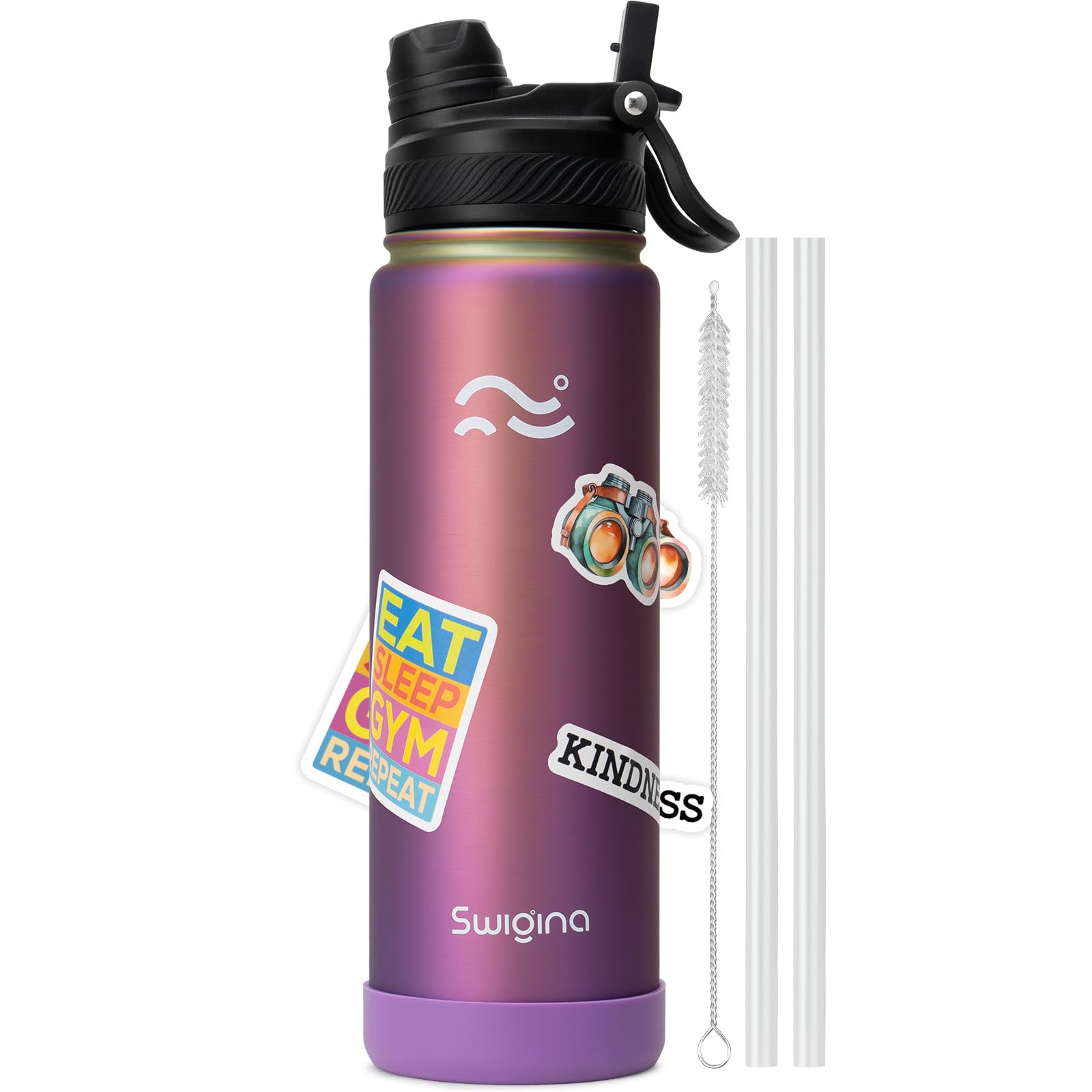 [2-IN-1 LID] Insulated Water Bottle with Silicone Boot (36hrs Cold/18hrs Hot) - DIY Stickers, Leakproof, BPA Free, 24 oz