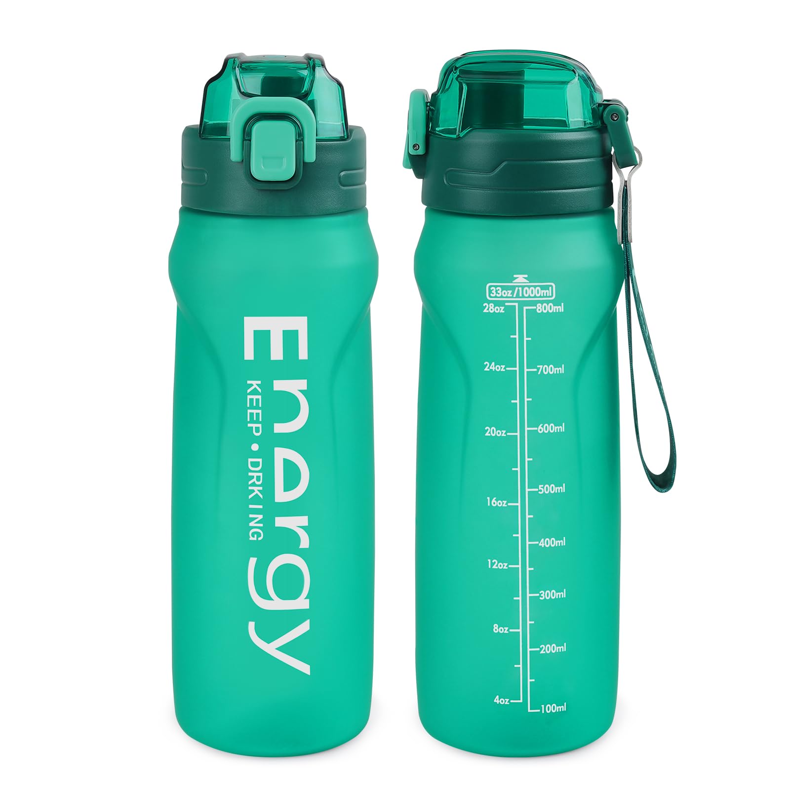 32oz Sports Water Bottle with Detachable Straw (Sip & Chug), Motivational Water Bottle with Capacity Marker, Leakproof Drinking Water Bottle with Strap for Travel Fitness Gym Outdoor (Black)