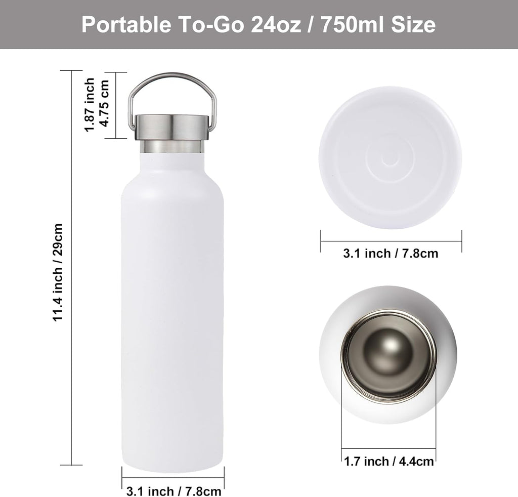 Volhoply 24oz Insulated Standard Mouth Water Bottle with Plastic & Stainless Steel Combination Lid, 304 18/8 Double Wall Vacuum Insulated Water Bottles, Reusable Metal Flask(White,1)