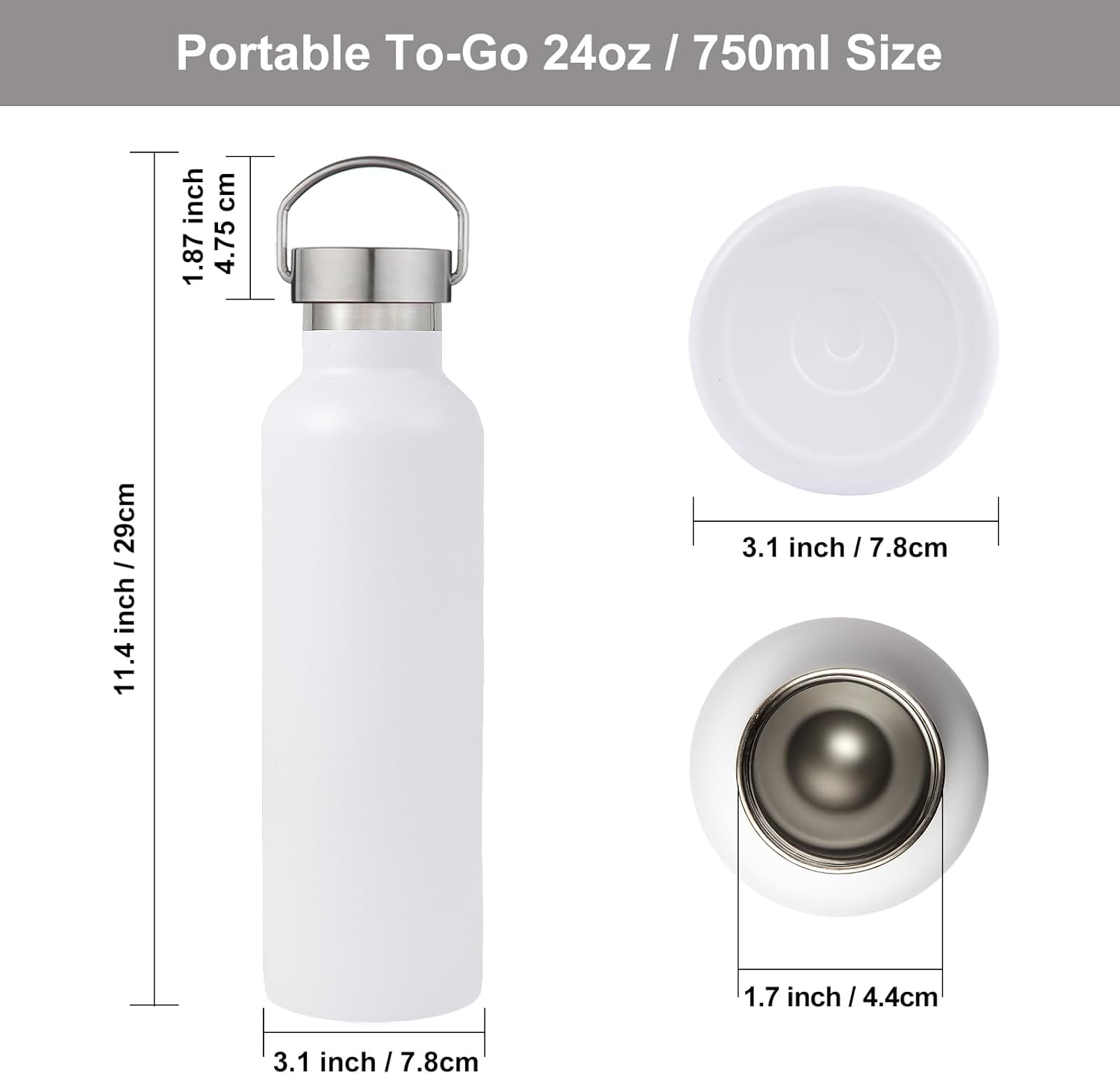 Volhoply 24oz Insulated Standard Mouth Water Bottle with Plastic & Stainless Steel Combination Lid, 304 18/8 Double Wall Vacuum Insulated Water Bottles, Reusable Metal Flask(White,1)