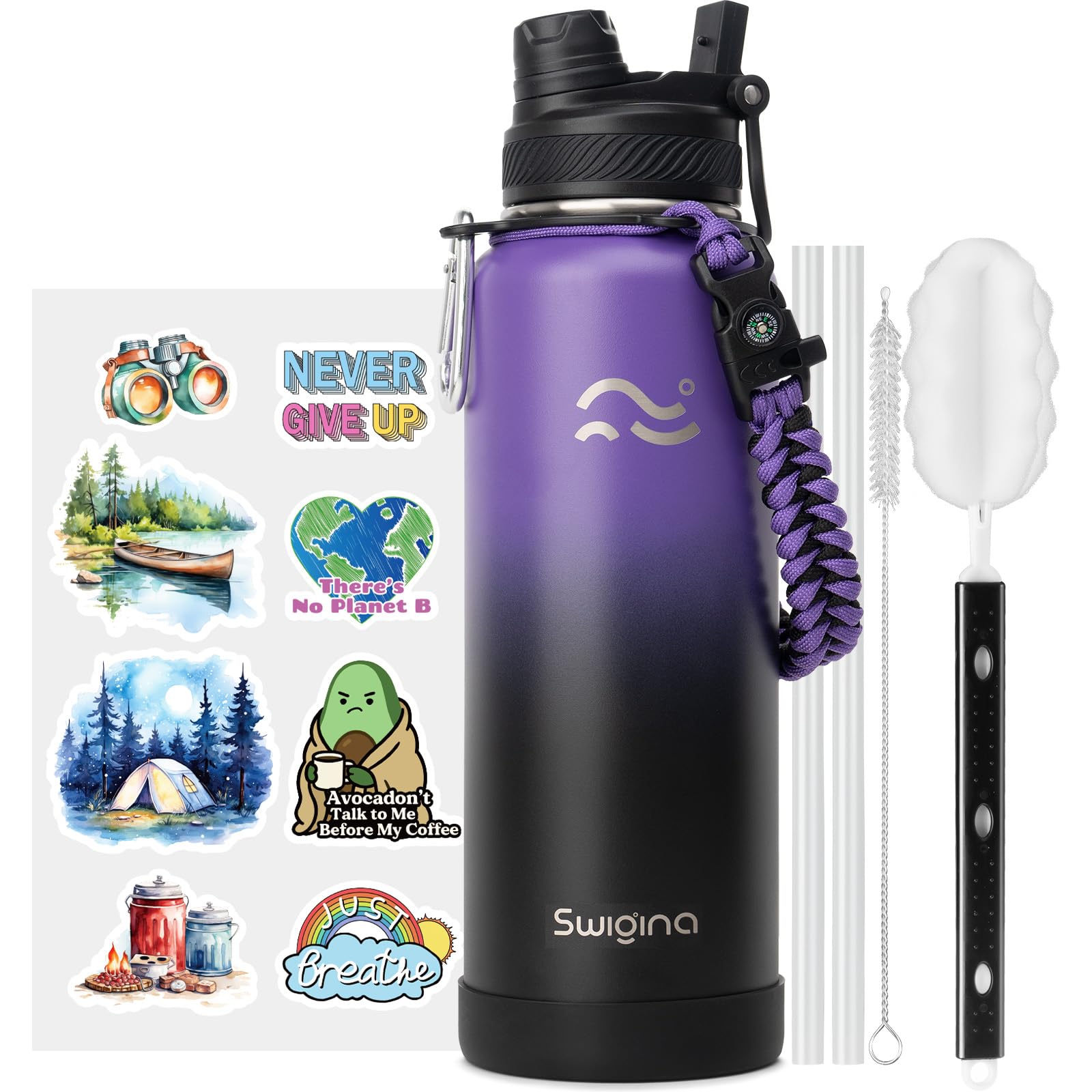 [2-IN-1 LID] Insulated Water Bottle with Silicone Boot (36hrs Cold/18hrs Hot) - DIY Stickers, Leakproof, BPA Free, 24 oz