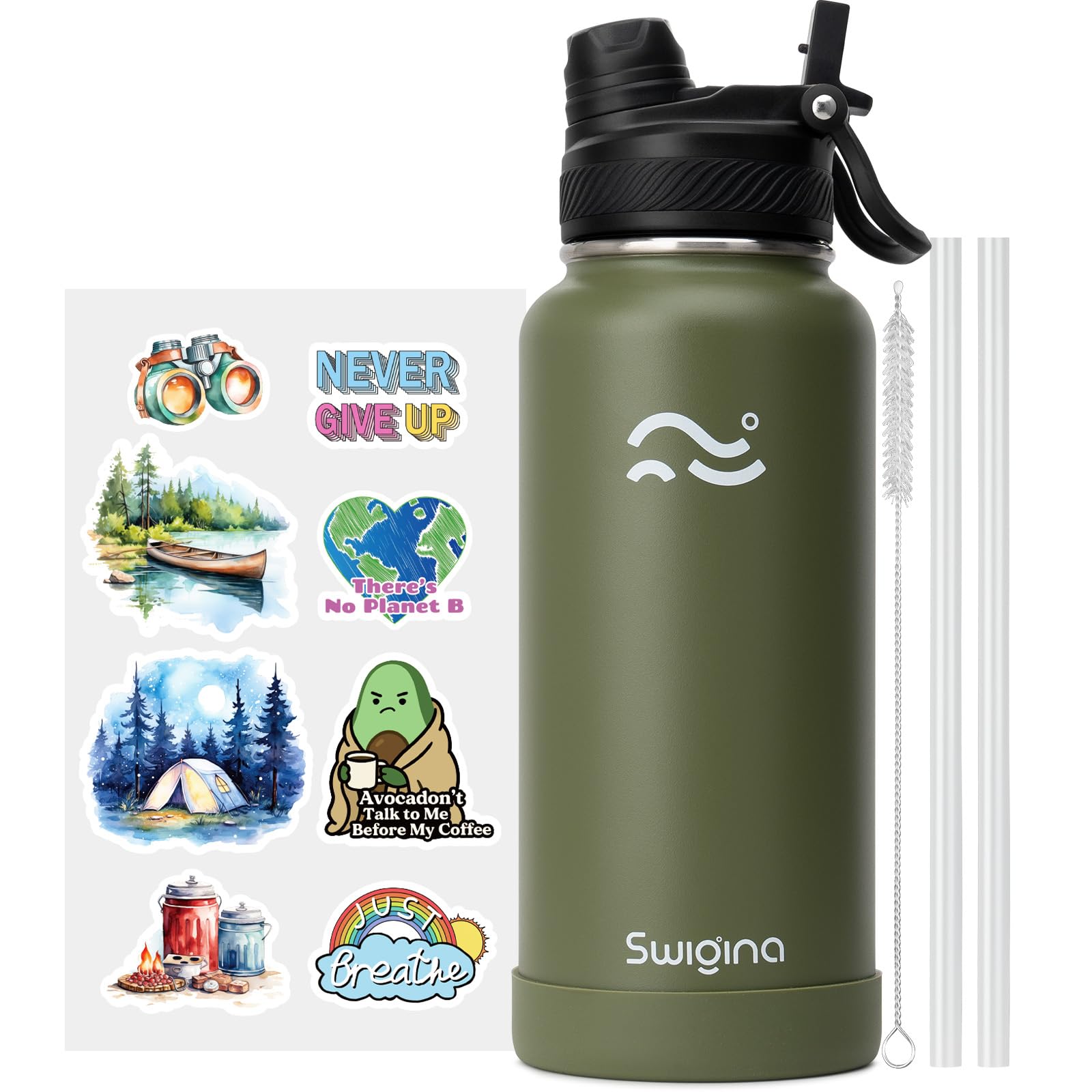 [2-IN-1 LID] Insulated Water Bottle with Silicone Boot (36hrs Cold/18hrs Hot) - DIY Stickers, Leakproof, BPA Free, 24 oz