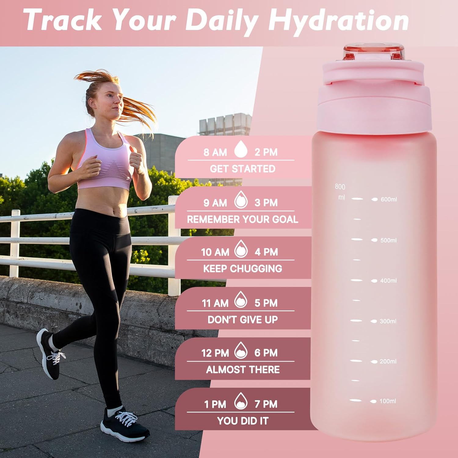 27oz Sports Water Bottle with Removable Filter, Motivational Water Bottle with Capacity Marker, Leakproof Drinking Water Bottle with Handle for Travel Fitness Gym Outdoor (Pink)