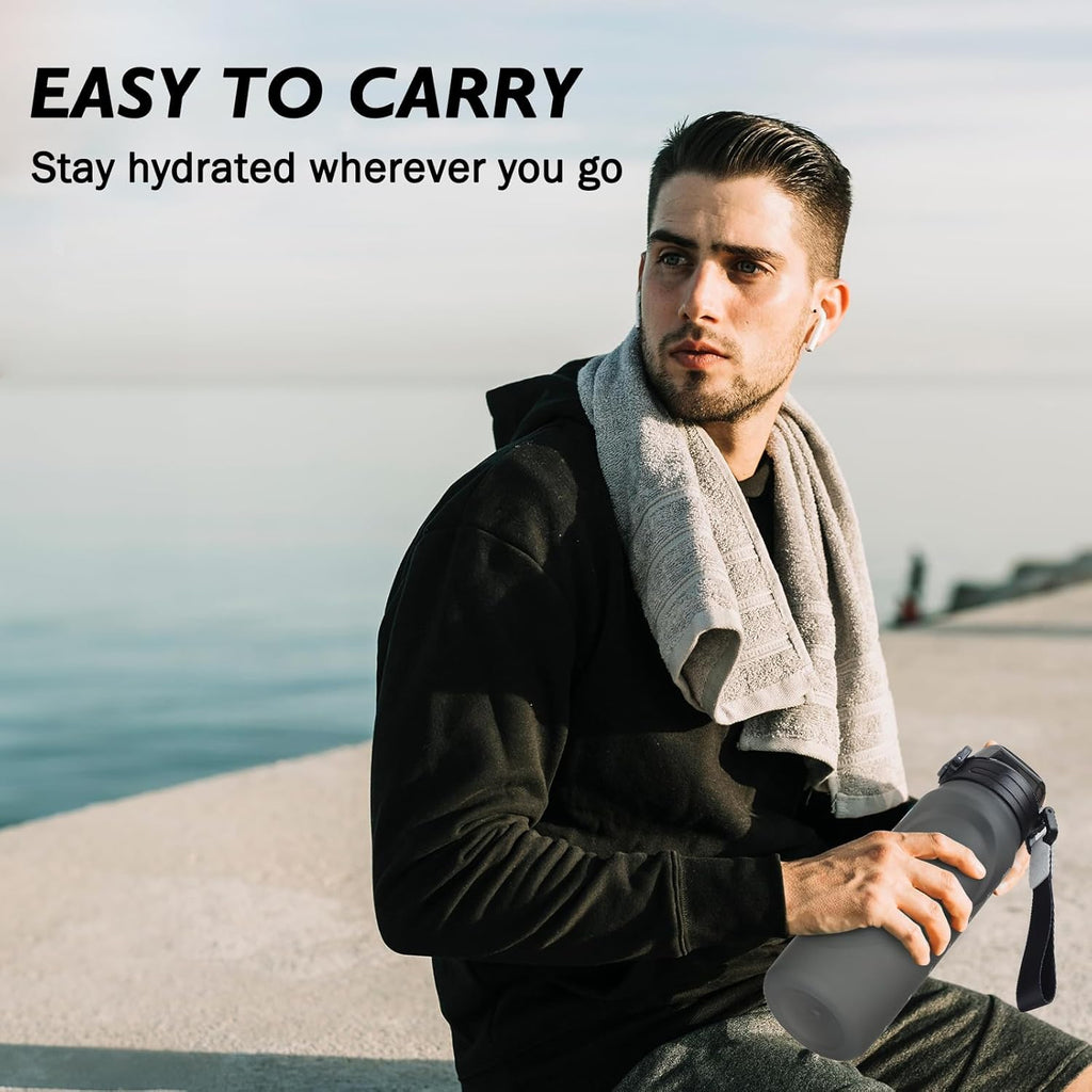 32oz Sports Water Bottle with Detachable Straw (Sip & Chug), Motivational Water Bottle with Capacity Marker, Leakproof Drinking Water Bottle with Strap for Travel Fitness Gym Outdoor (Black)