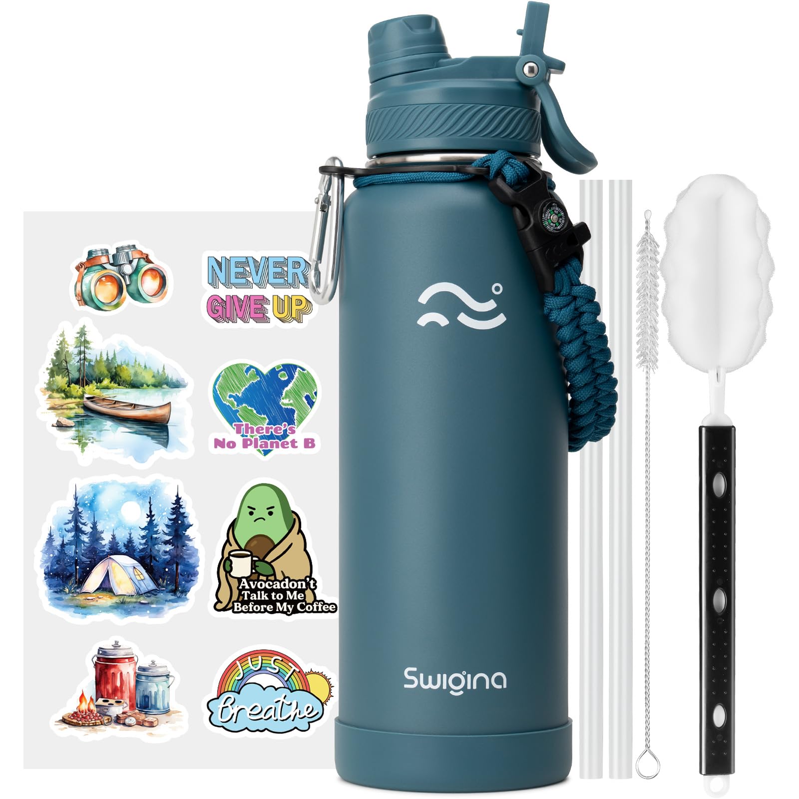 [2-IN-1 LID] Insulated Water Bottle with Silicone Boot (36hrs Cold/18hrs Hot) - DIY Stickers, Leakproof, BPA Free, 24 oz