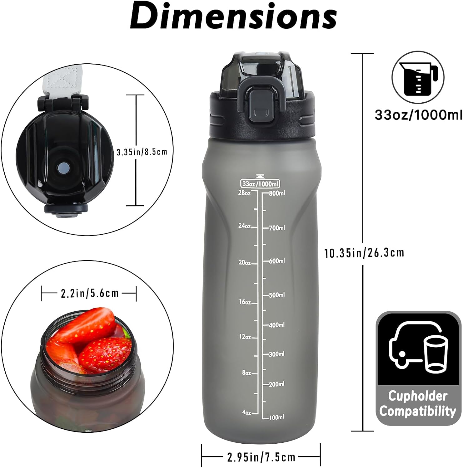 32oz Sports Water Bottle with Detachable Straw (Sip & Chug), Motivational Water Bottle with Capacity Marker, Leakproof Drinking Water Bottle with Strap for Travel Fitness Gym Outdoor (Black)