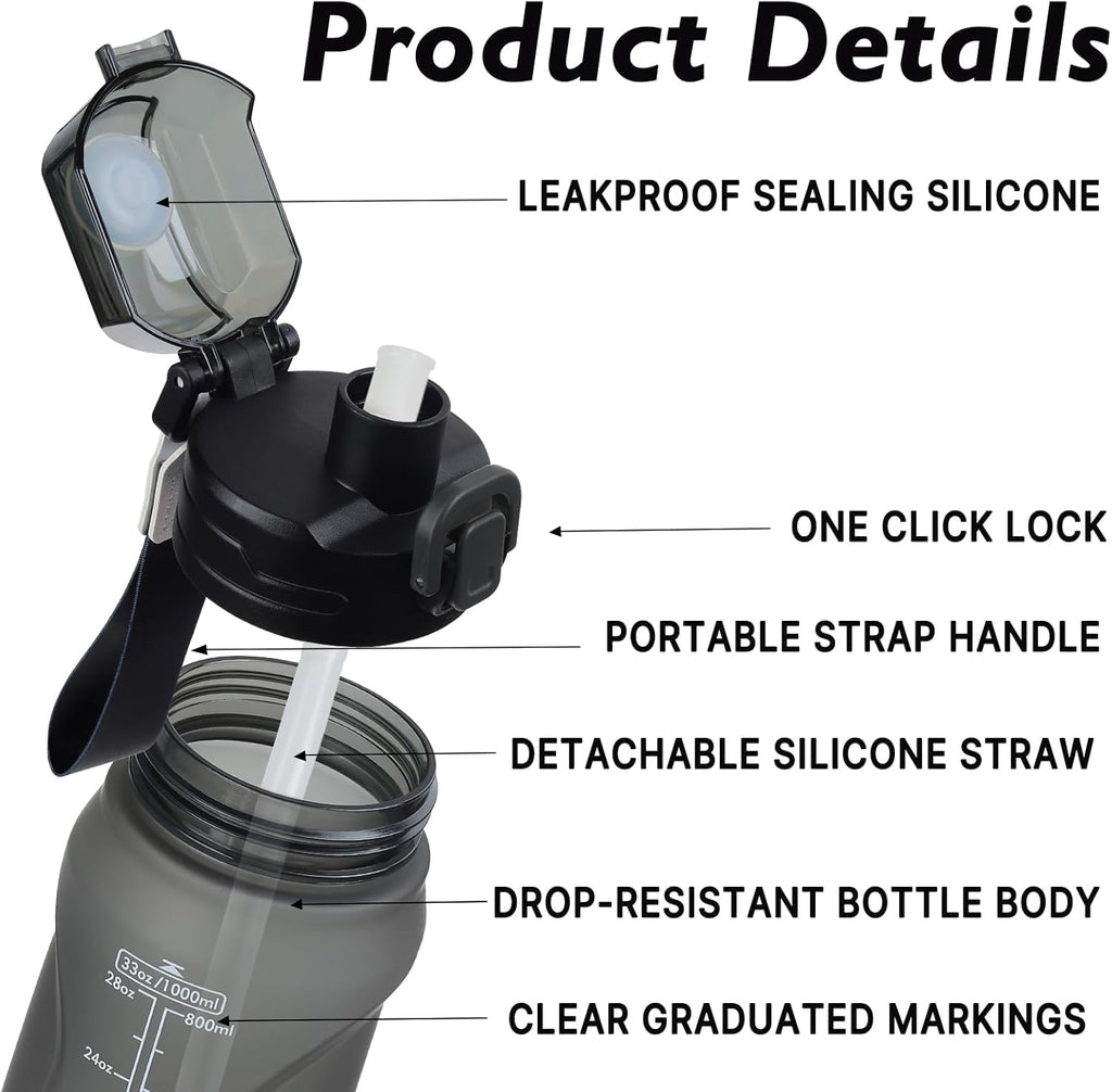 32oz Sports Water Bottle with Detachable Straw (Sip & Chug), Motivational Water Bottle with Capacity Marker, Leakproof Drinking Water Bottle with Strap for Travel Fitness Gym Outdoor (Black)