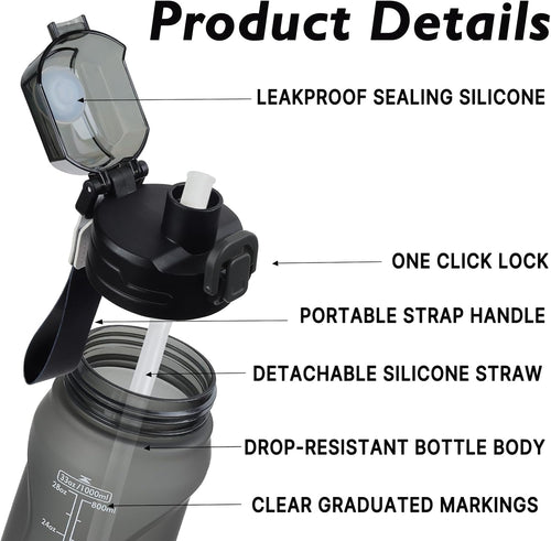 32oz Sports Water Bottle with Detachable Straw (Sip & Chug), Motivational Water Bottle with Capacity Marker, Leakproof Drinking Water Bottle with Strap for Travel Fitness Gym Outdoor (Black)