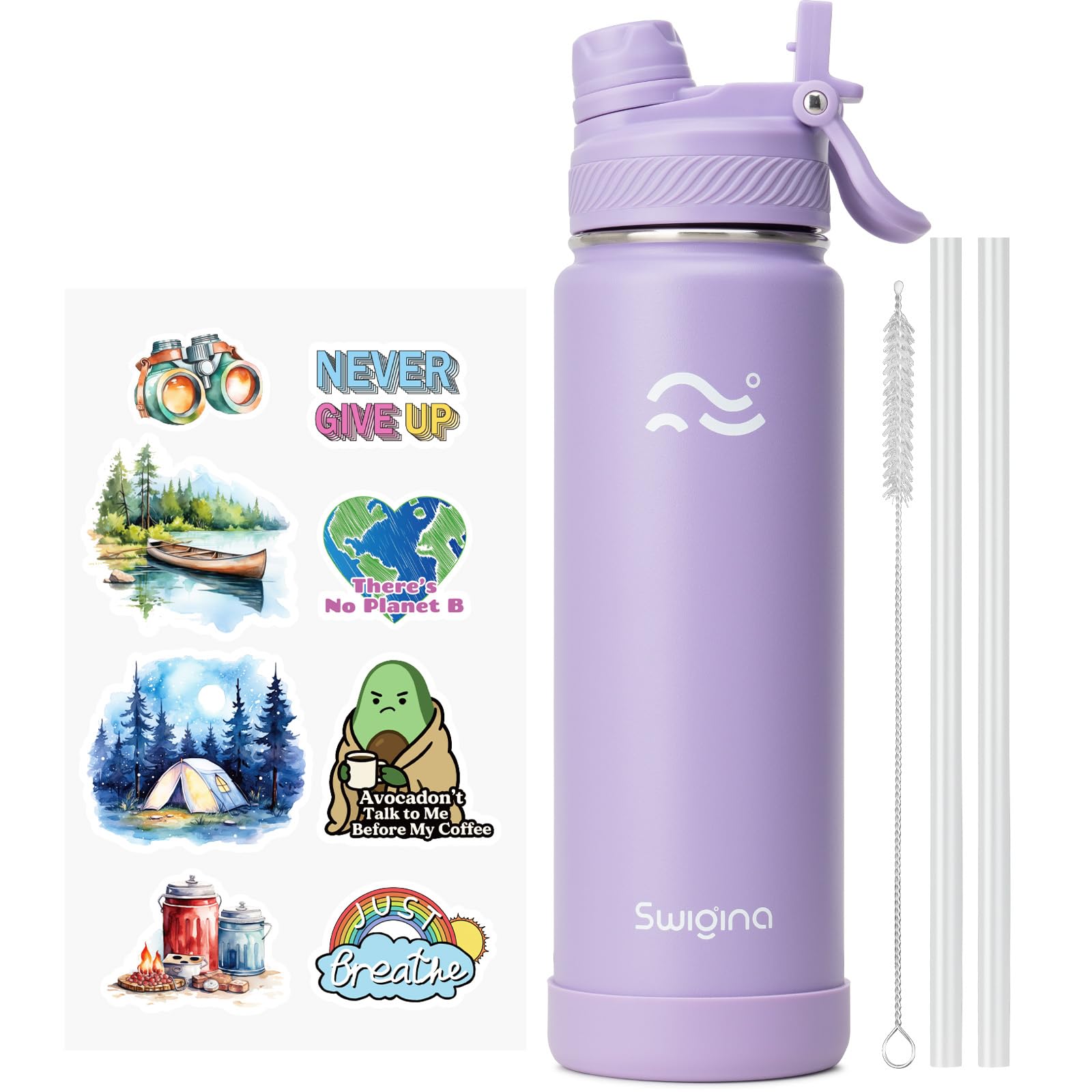 [2-IN-1 LID] Insulated Water Bottle with Silicone Boot (36hrs Cold/18hrs Hot) - DIY Stickers, Leakproof, BPA Free, 24 oz