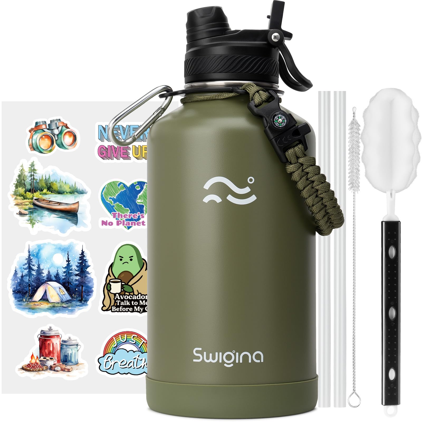 [2-IN-1 LID] Insulated Water Bottle with Silicone Boot (36hrs Cold/18hrs Hot) - DIY Stickers, Leakproof, BPA Free, 24 oz