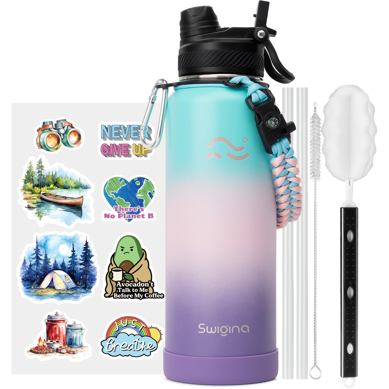 [2-IN-1 LID] Insulated Water Bottle with Silicone Boot (36hrs Cold/18hrs Hot) - DIY Stickers, Leakproof, BPA Free, 24 oz