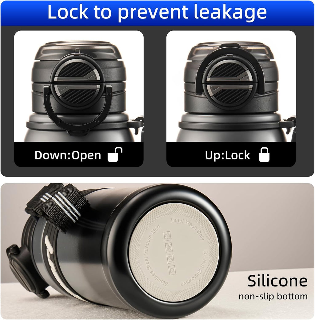 22 oz Insulated Water Bottle, Mens Water Bottle with 2-in-1 Lid, Travel Water Bottle, Black Water Bottle, Slim Water Bottle, Leak Proof Water Bottles, Car Cup Holder Friendly (Black)