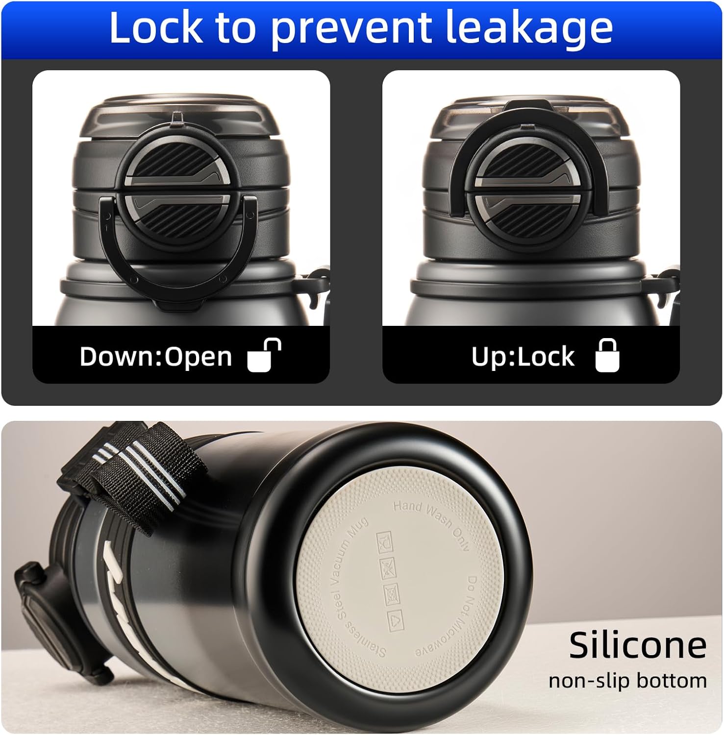 22 oz Insulated Water Bottle, Mens Water Bottle with 2-in-1 Lid, Travel Water Bottle, Black Water Bottle, Slim Water Bottle, Leak Proof Water Bottles, Car Cup Holder Friendly (Black)