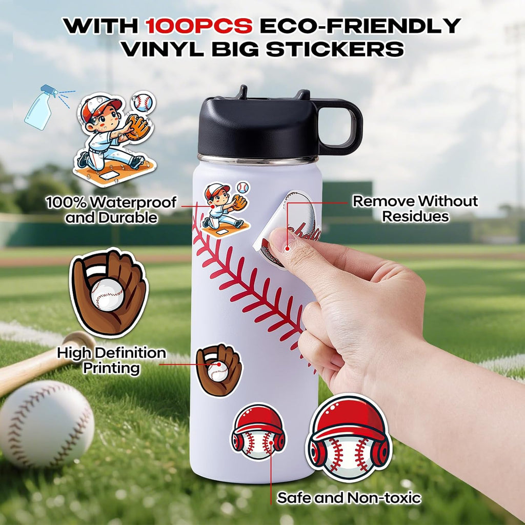 Baseball Water Bottles for Boys 18 oz and 100 PCS Baseballs Stickers Sports Insulated Stainless Steel Water Bottle Baseball Accessories Stuff Gear Gifts For 8-12 12-14 Player