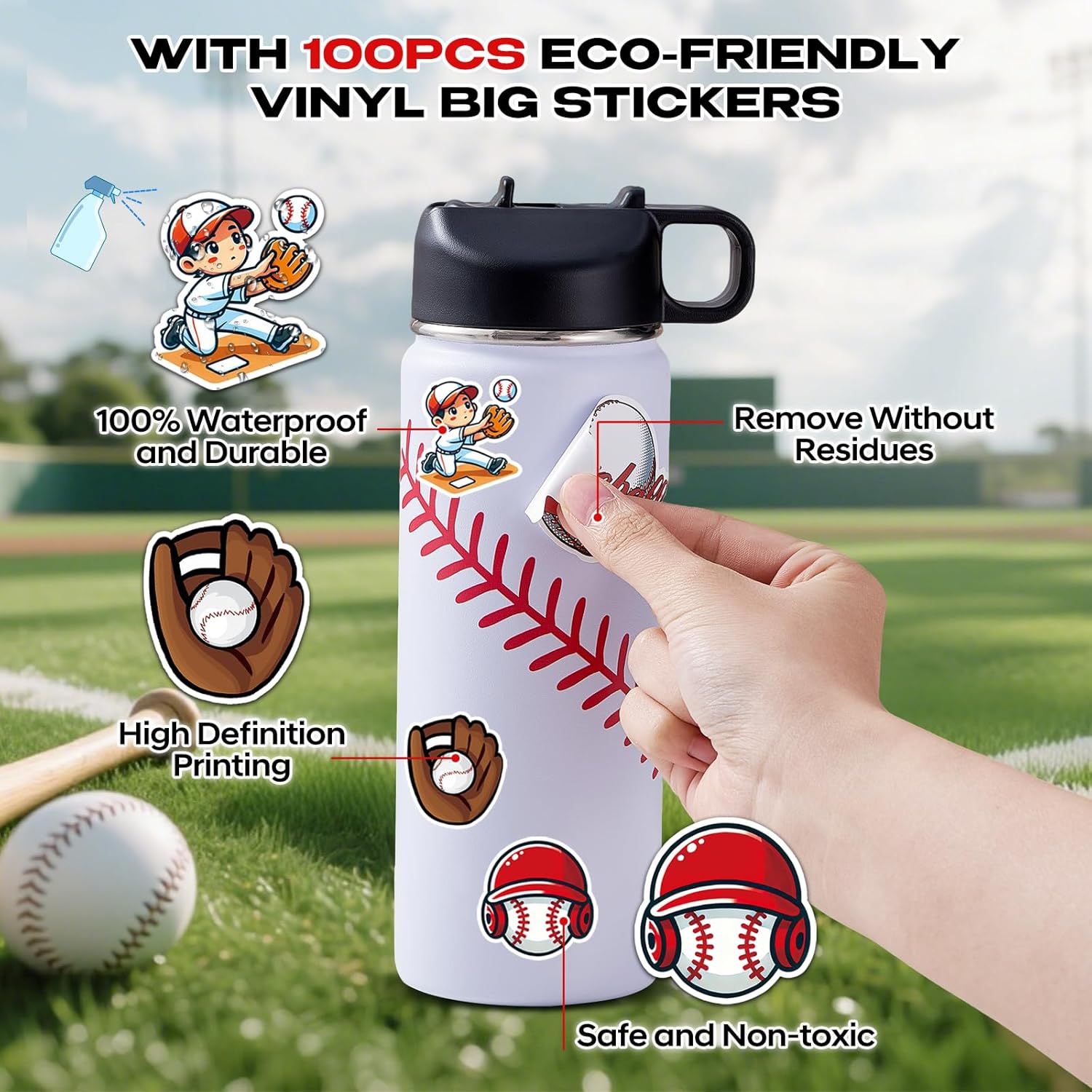 Baseball Water Bottles for Boys 18 oz and 100 PCS Baseballs Stickers Sports Insulated Stainless Steel Water Bottle Baseball Accessories Stuff Gear Gifts For 8-12 12-14 Player