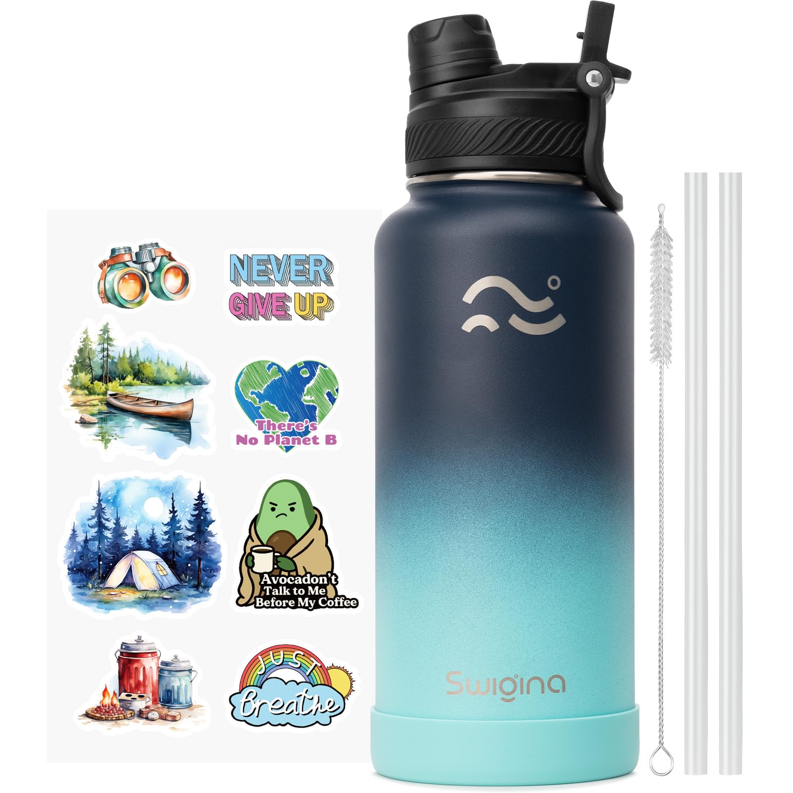 [2-IN-1 LID] Insulated Water Bottle with Silicone Boot (36hrs Cold/18hrs Hot) - DIY Stickers, Leakproof, BPA Free, 24 oz