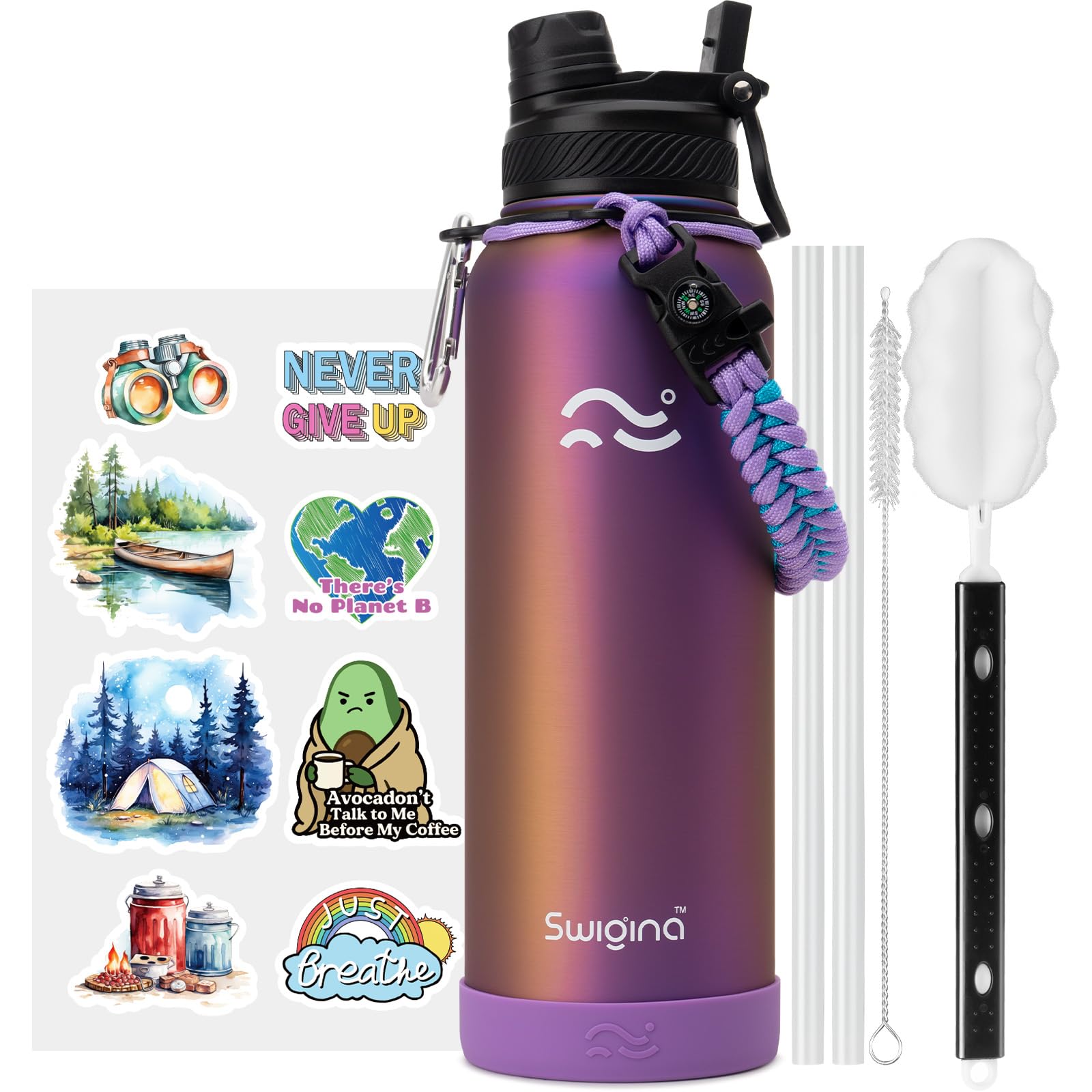 [2-IN-1 LID] Insulated Water Bottle with Silicone Boot (36hrs Cold/18hrs Hot) - DIY Stickers, Leakproof, BPA Free, 24 oz