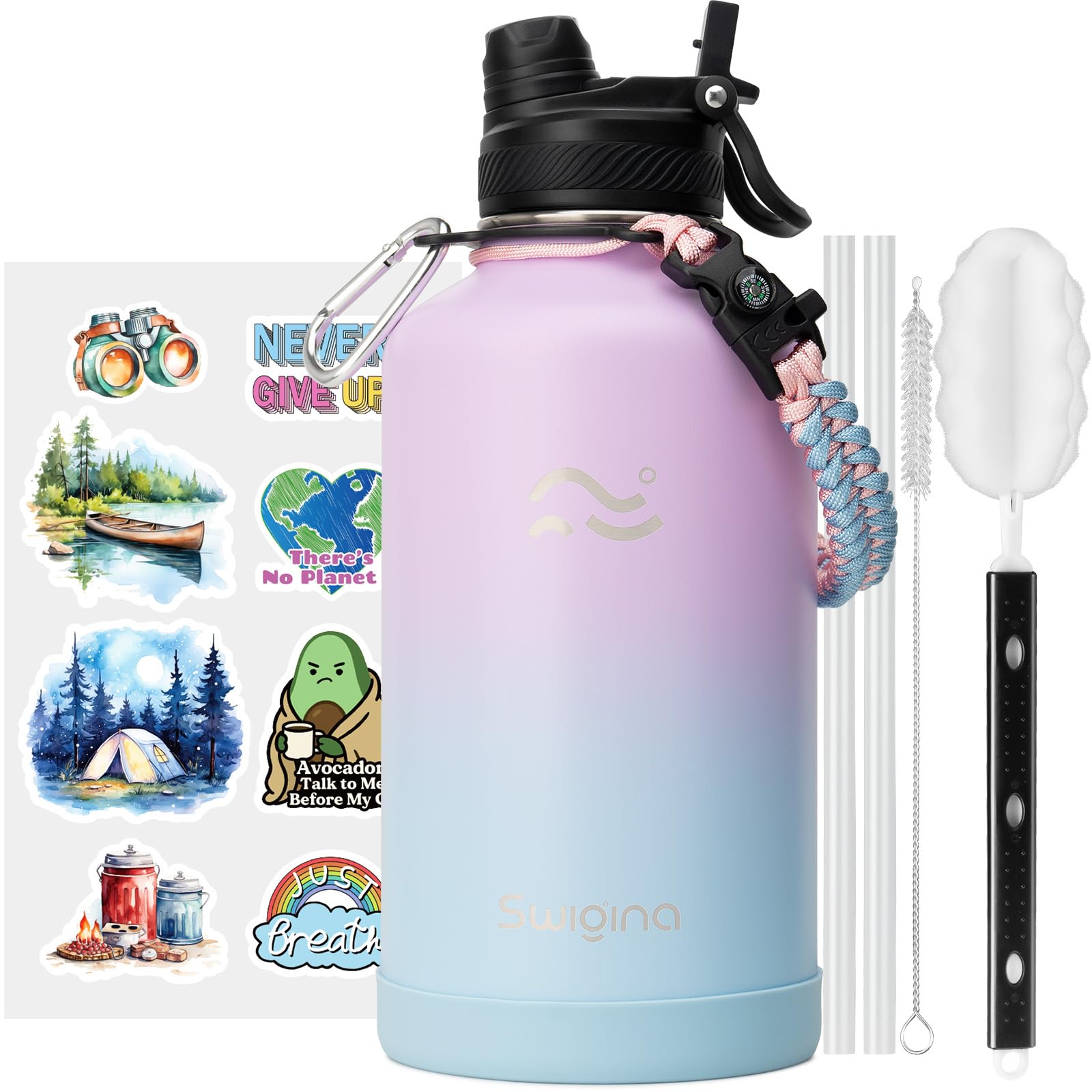 [2-IN-1 LID] Insulated Water Bottle with Silicone Boot (36hrs Cold/18hrs Hot) - DIY Stickers, Leakproof, BPA Free, 24 oz