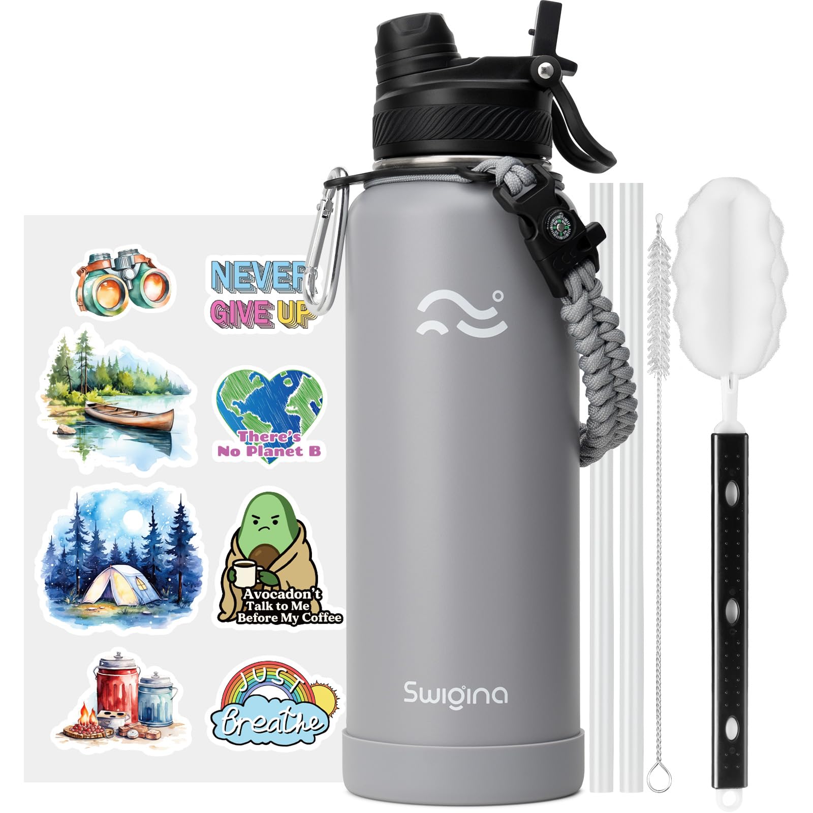 [2-IN-1 LID] Insulated Water Bottle with Silicone Boot (36hrs Cold/18hrs Hot) - DIY Stickers, Leakproof, BPA Free, 24 oz