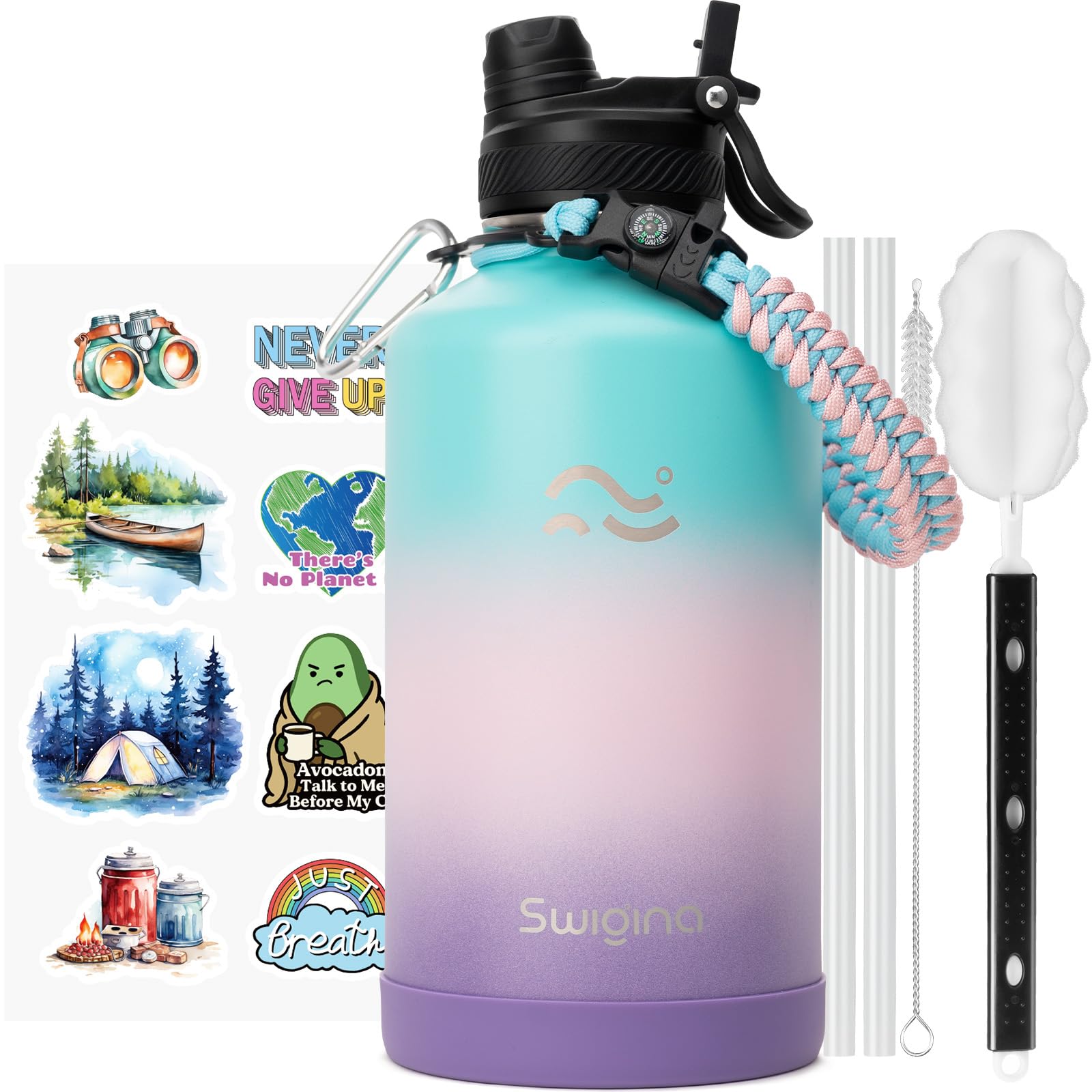 [2-IN-1 LID] Insulated Water Bottle with Silicone Boot (36hrs Cold/18hrs Hot) - DIY Stickers, Leakproof, BPA Free, 24 oz