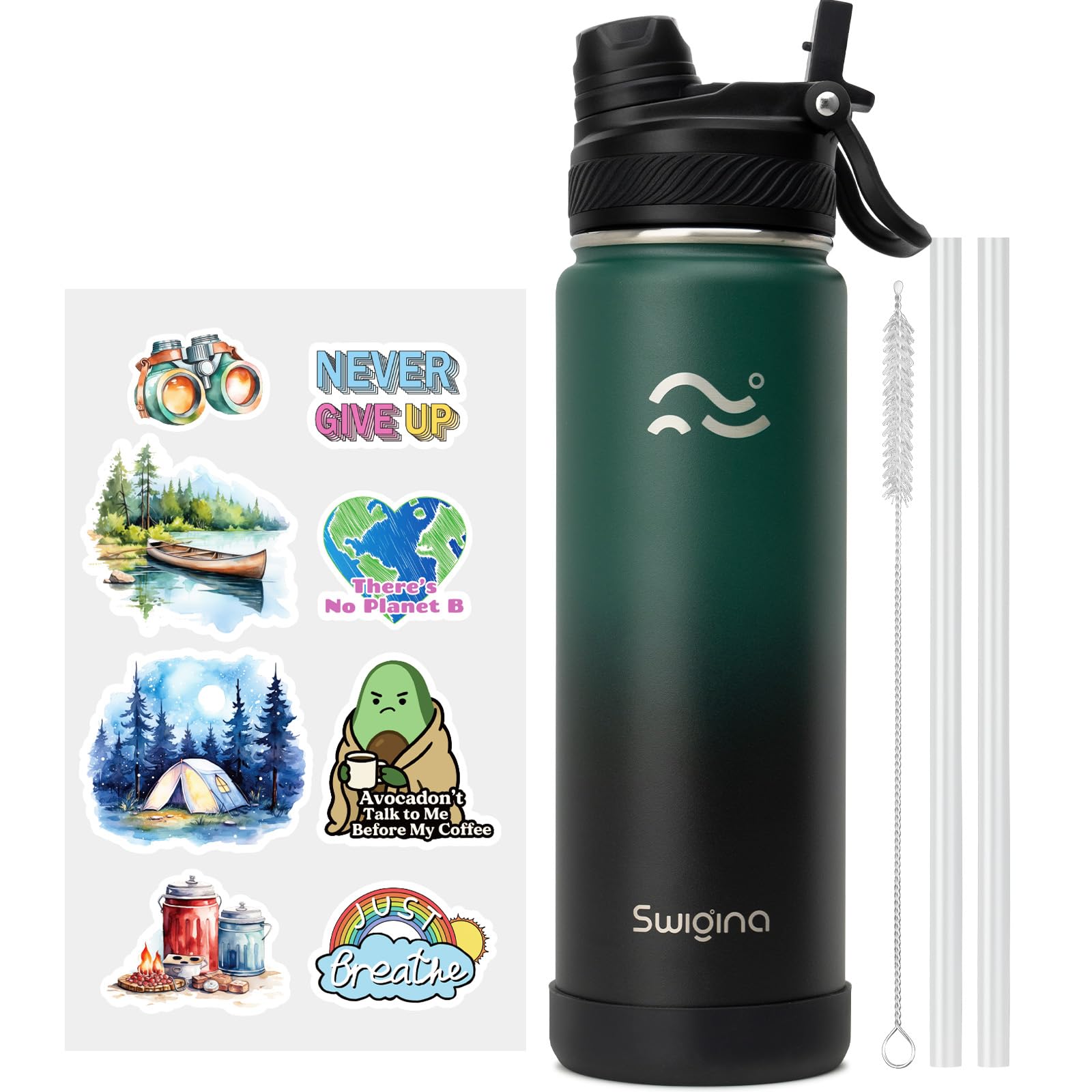 [2-IN-1 LID] Insulated Water Bottle with Silicone Boot (36hrs Cold/18hrs Hot) - DIY Stickers, Leakproof, BPA Free, 24 oz
