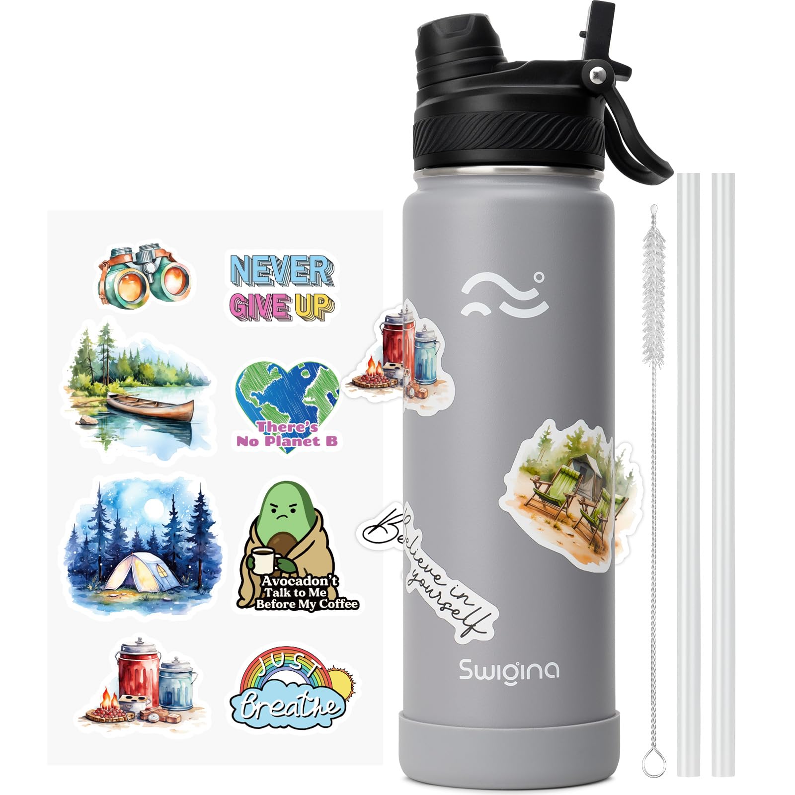 [2-IN-1 LID] Insulated Water Bottle with Silicone Boot (36hrs Cold/18hrs Hot) - DIY Stickers, Leakproof, BPA Free, 24 oz