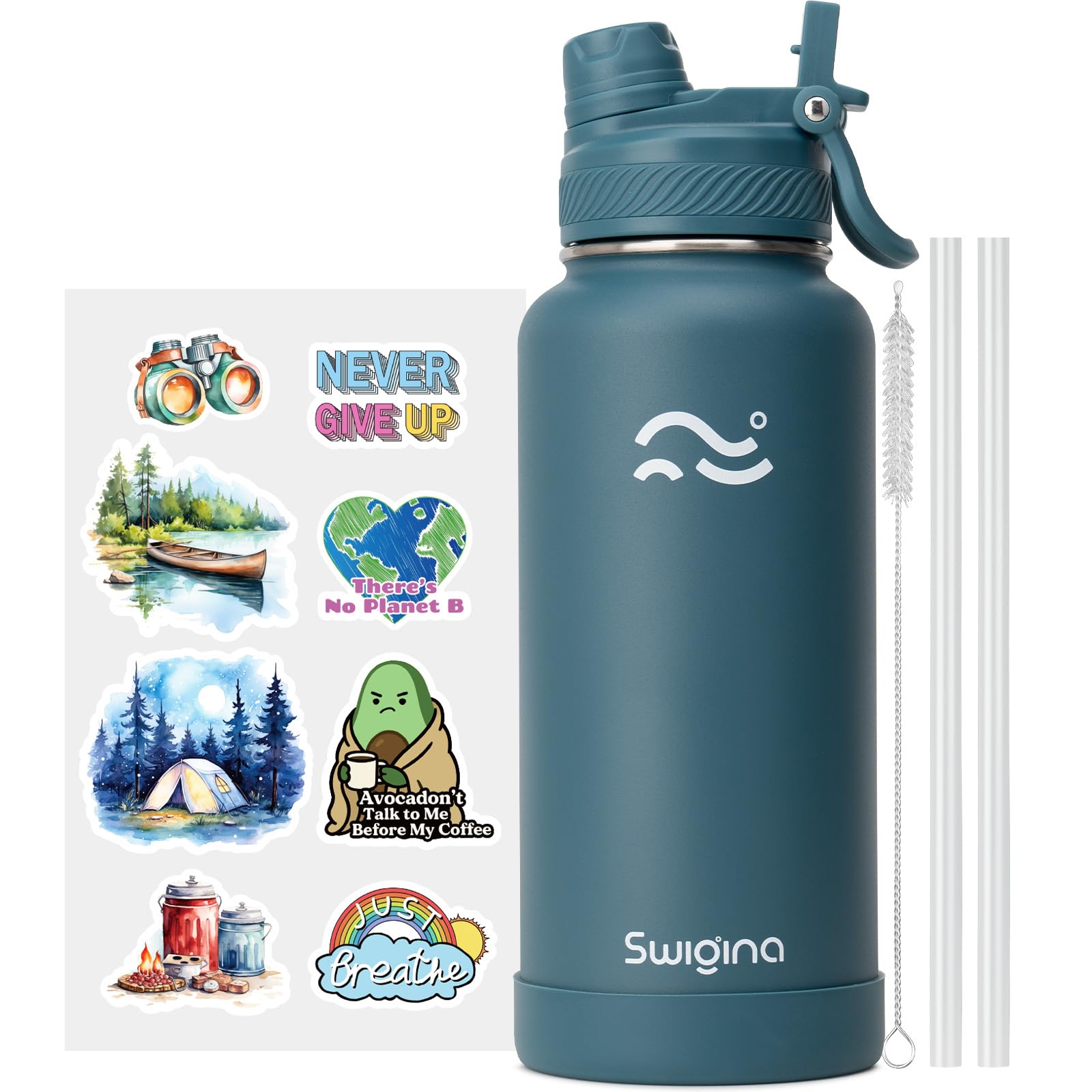 [2-IN-1 LID] Insulated Water Bottle with Silicone Boot (36hrs Cold/18hrs Hot) - DIY Stickers, Leakproof, BPA Free, 24 oz