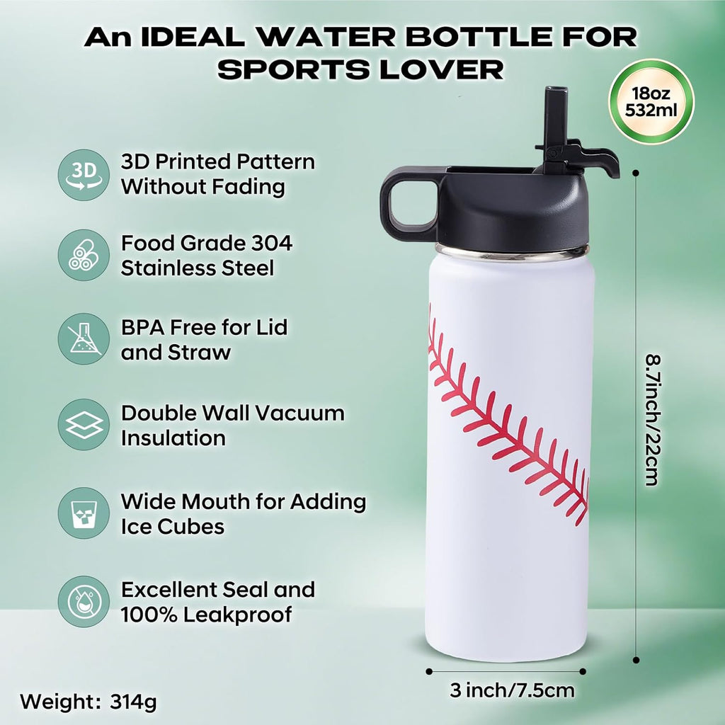 Baseball Water Bottles for Boys 18 oz and 100 PCS Baseballs Stickers Sports Insulated Stainless Steel Water Bottle Baseball Accessories Stuff Gear Gifts For 8-12 12-14 Player