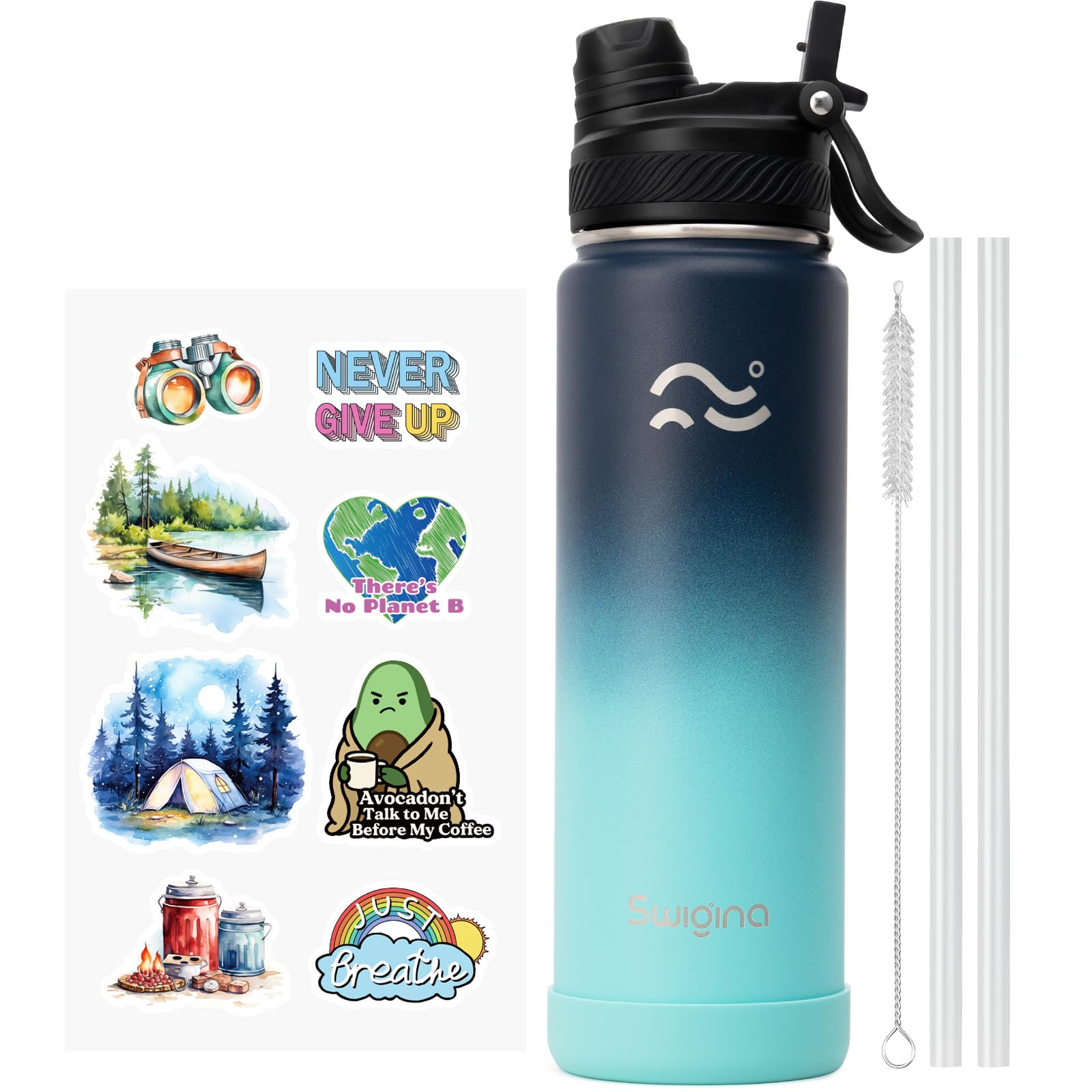 [2-IN-1 LID] Insulated Water Bottle with Silicone Boot (36hrs Cold/18hrs Hot) - DIY Stickers, Leakproof, BPA Free, 24 oz