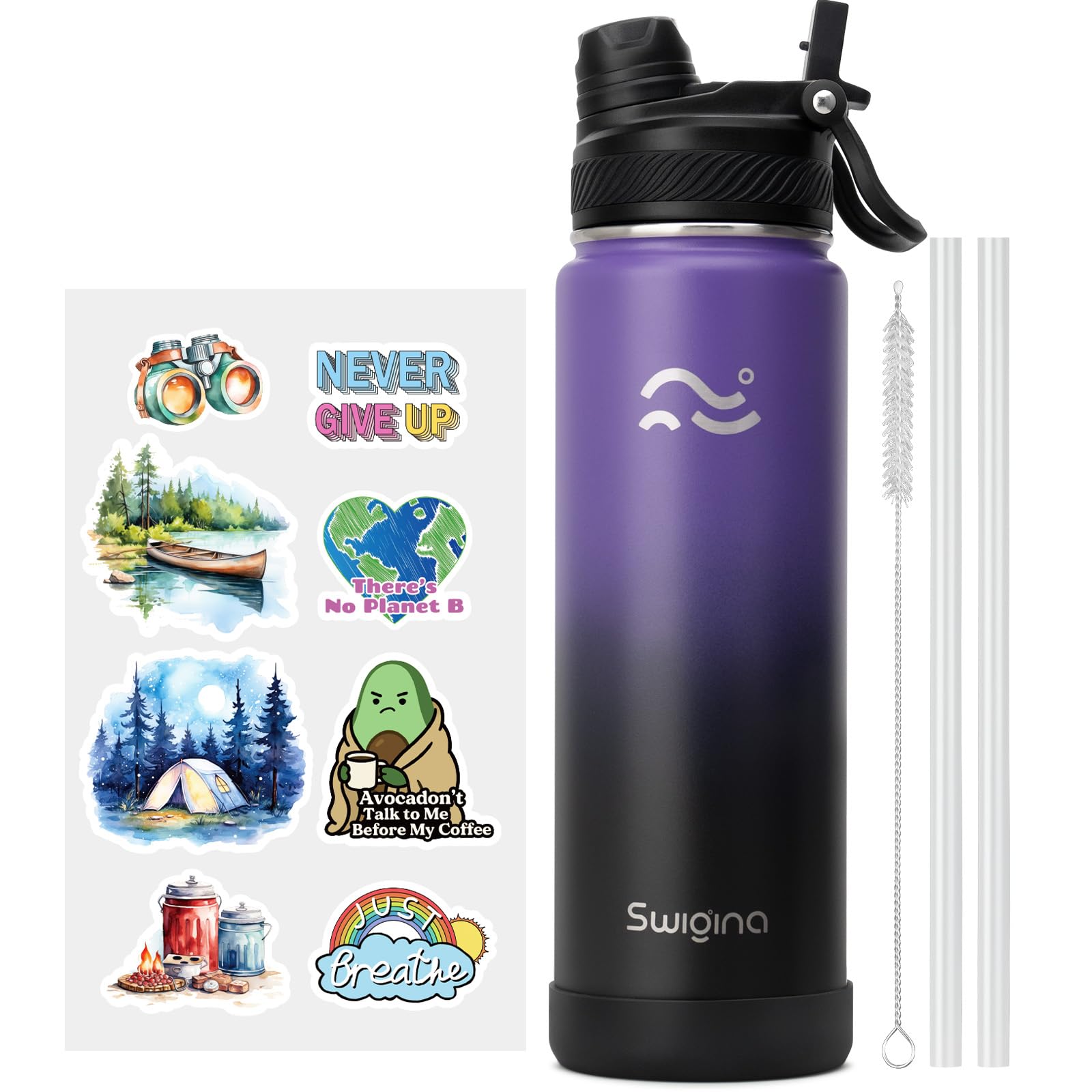 [2-IN-1 LID] Insulated Water Bottle with Silicone Boot (36hrs Cold/18hrs Hot) - DIY Stickers, Leakproof, BPA Free, 24 oz