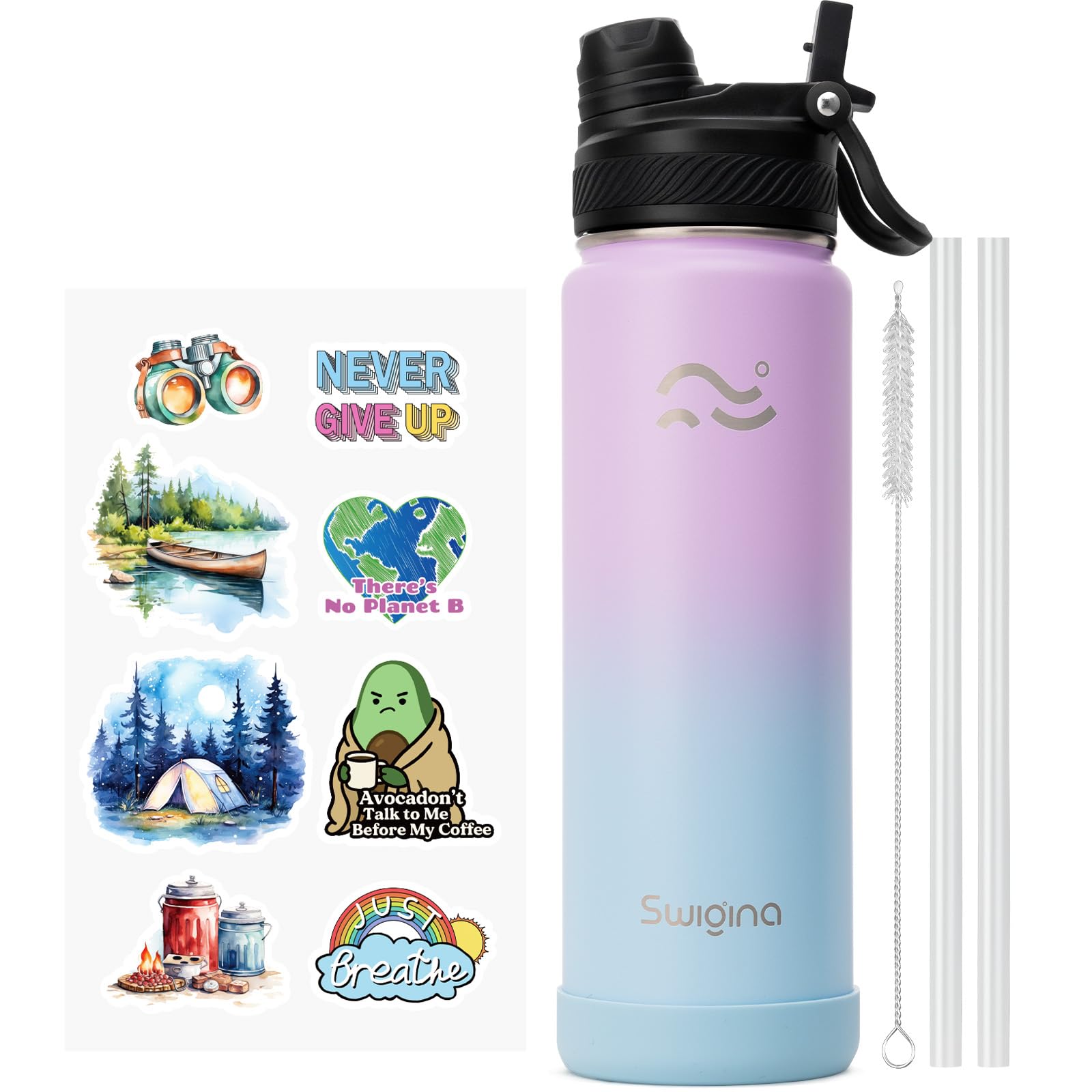 [2-IN-1 LID] Insulated Water Bottle with Silicone Boot (36hrs Cold/18hrs Hot) - DIY Stickers, Leakproof, BPA Free, 24 oz