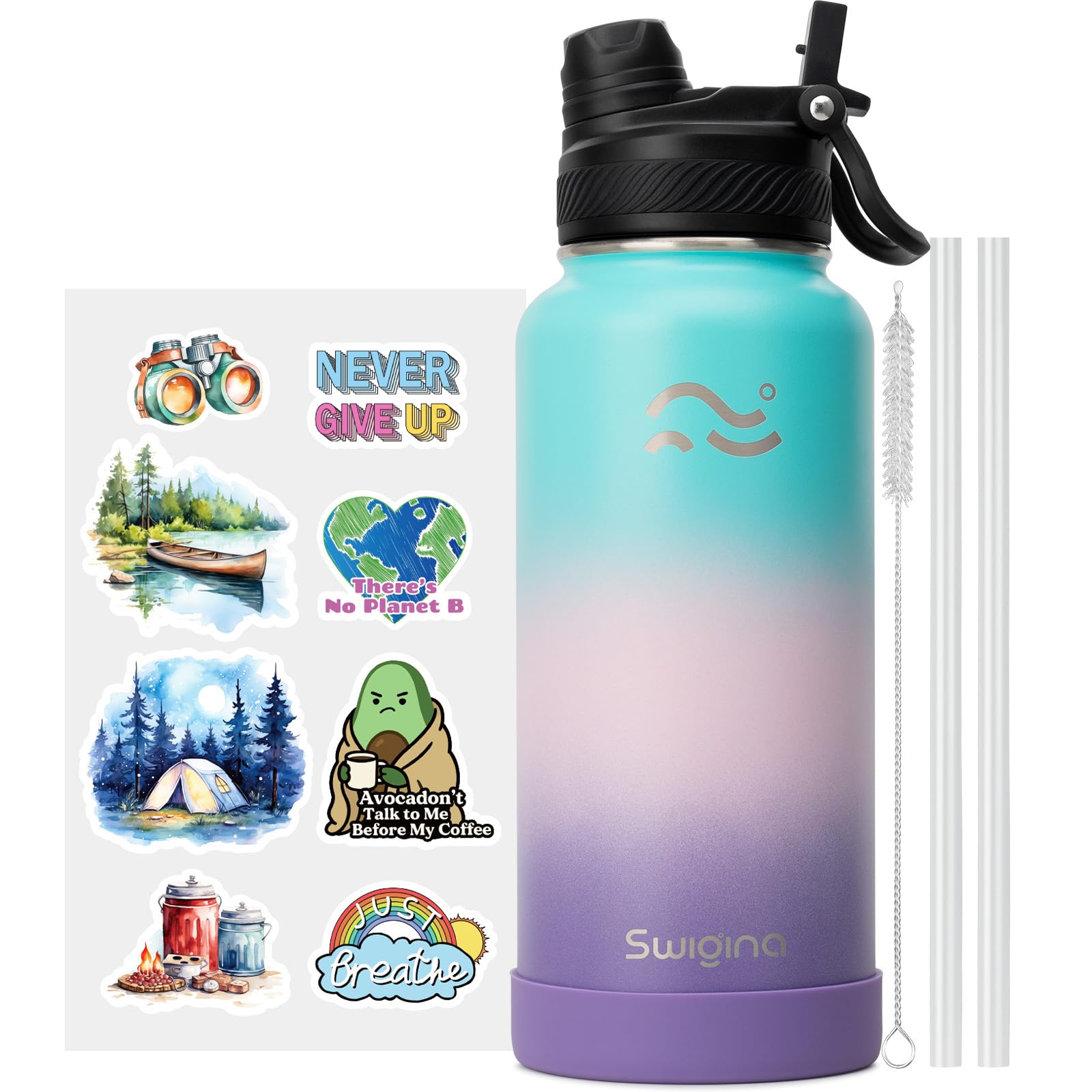 [2-IN-1 LID] Insulated Water Bottle with Silicone Boot (36hrs Cold/18hrs Hot) - DIY Stickers, Leakproof, BPA Free, 24 oz