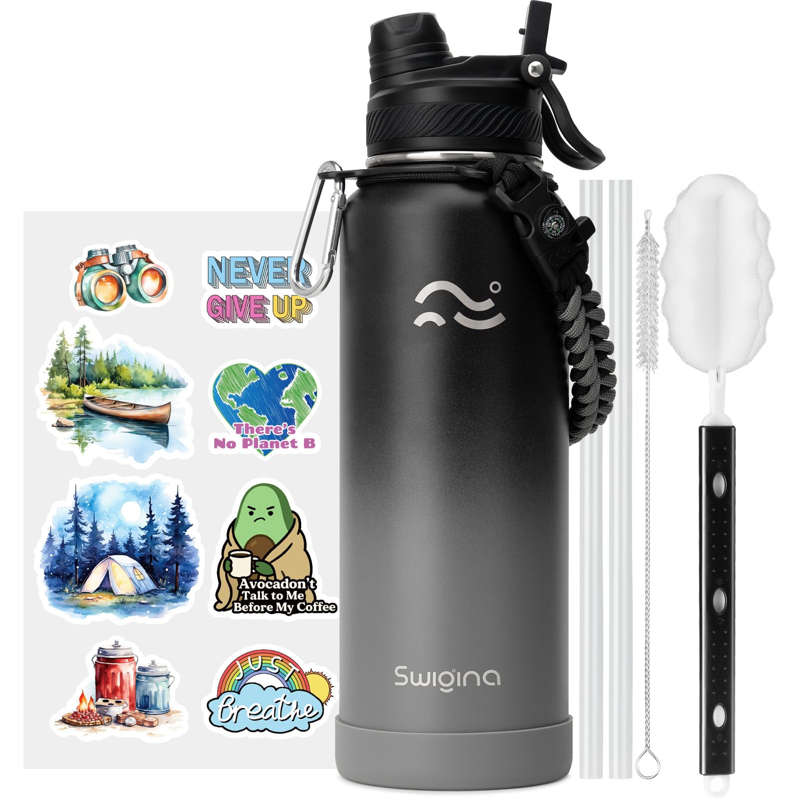 [2-IN-1 LID] Insulated Water Bottle with Silicone Boot (36hrs Cold/18hrs Hot) - DIY Stickers, Leakproof, BPA Free, 24 oz