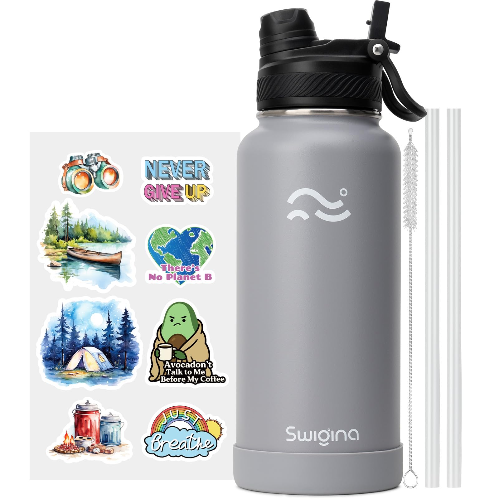 [2-IN-1 LID] Insulated Water Bottle with Silicone Boot (36hrs Cold/18hrs Hot) - DIY Stickers, Leakproof, BPA Free, 24 oz