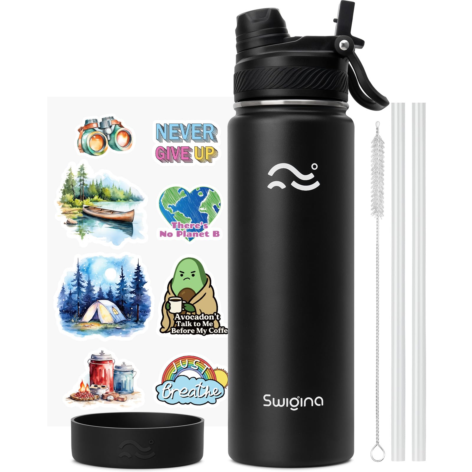 [2-IN-1 LID] Insulated Water Bottle with Silicone Boot (36hrs Cold/18hrs Hot) - DIY Stickers, Leakproof, BPA Free, 24 oz