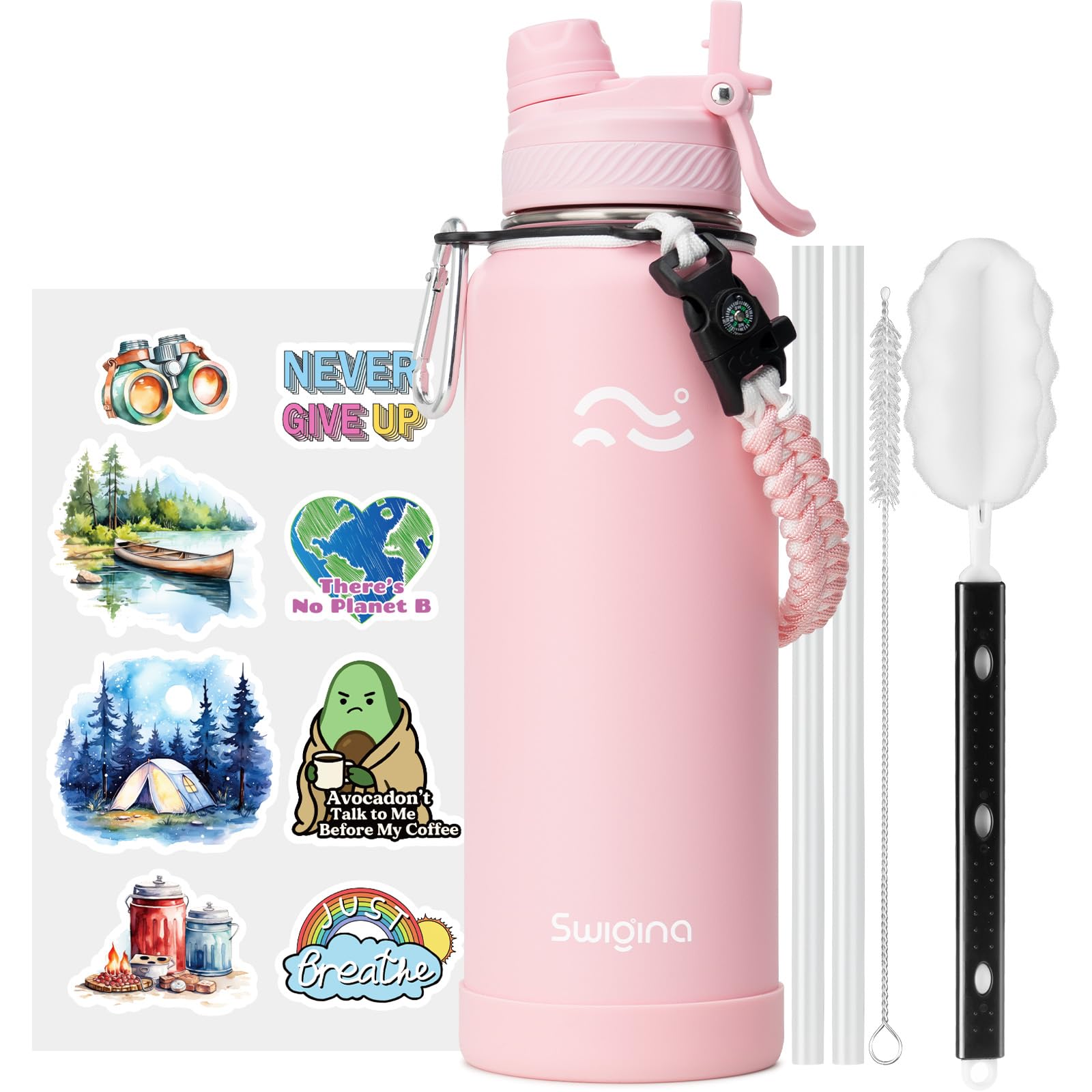 [2-IN-1 LID] Insulated Water Bottle with Silicone Boot (36hrs Cold/18hrs Hot) - DIY Stickers, Leakproof, BPA Free, 24 oz