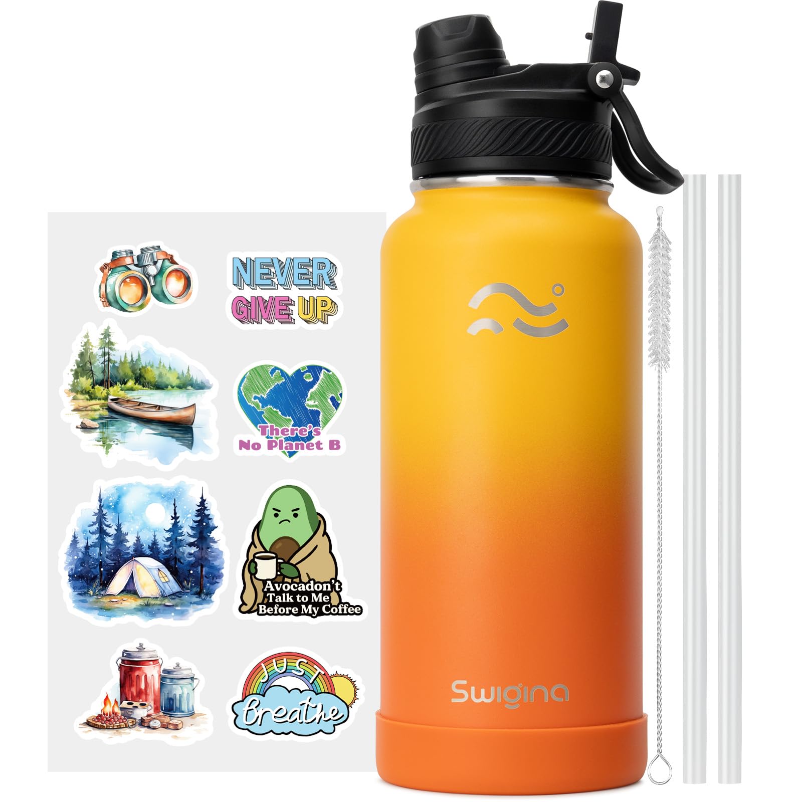 [2-IN-1 LID] Insulated Water Bottle with Silicone Boot (36hrs Cold/18hrs Hot) - DIY Stickers, Leakproof, BPA Free, 24 oz