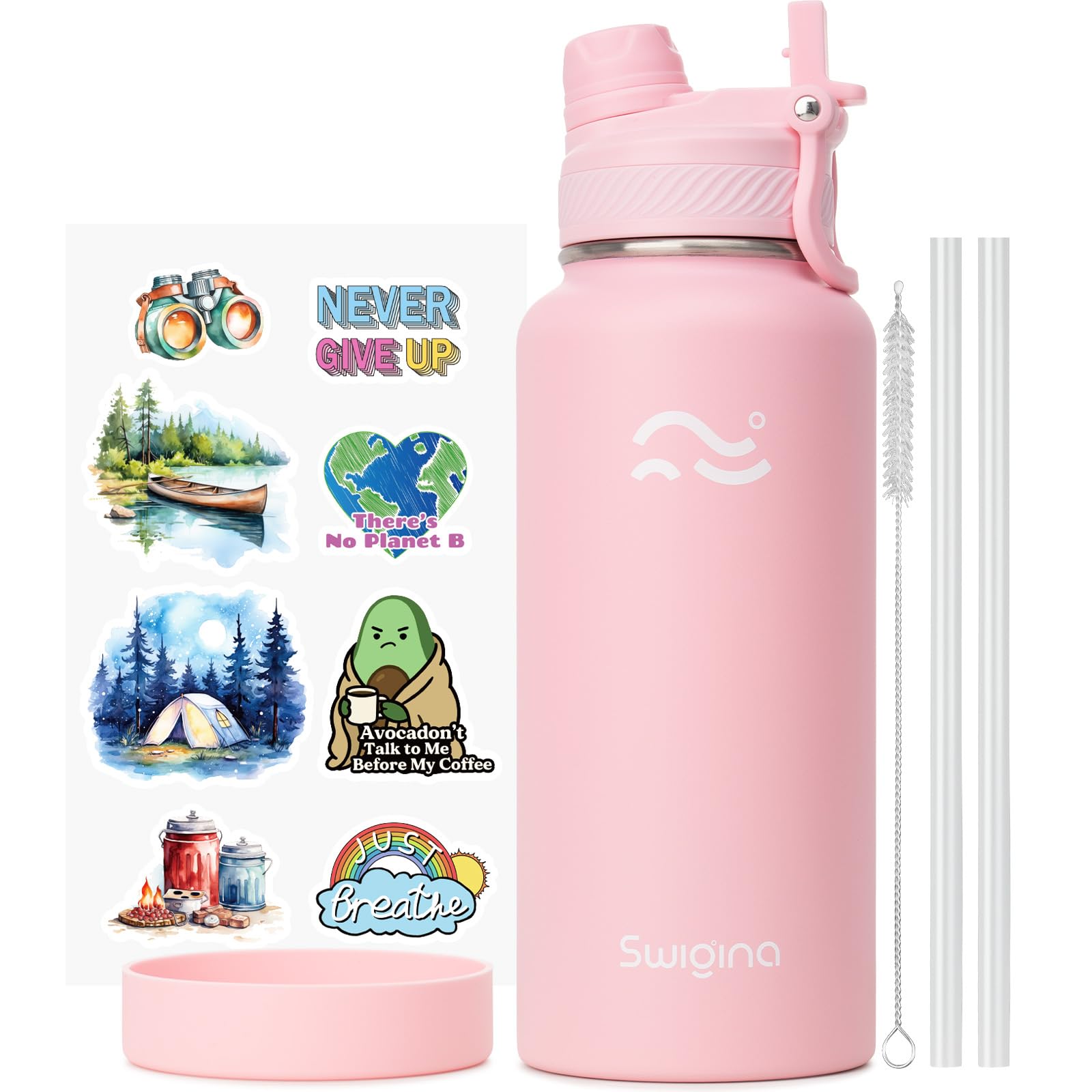 [2-IN-1 LID] Insulated Water Bottle with Silicone Boot (36hrs Cold/18hrs Hot) - DIY Stickers, Leakproof, BPA Free, 24 oz